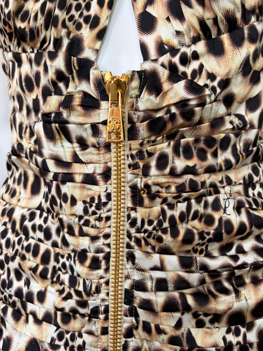 Roberto Cavalli 2000s Leo Print Ruched Silk Mini Dress Front Zip 42IT