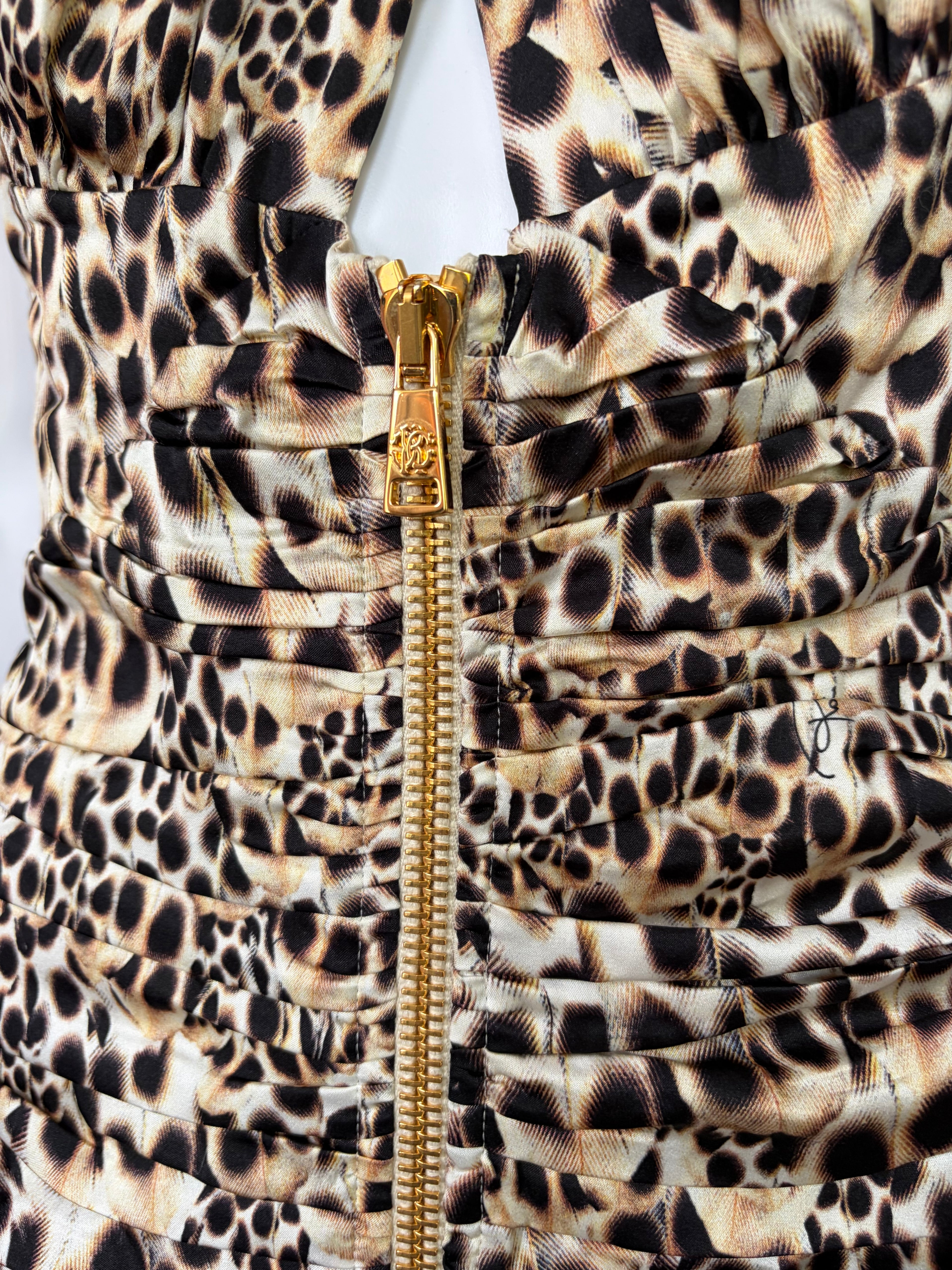 Roberto Cavalli 2000s Leo Print Ruched Silk Mini Dress Front Zip 42IT