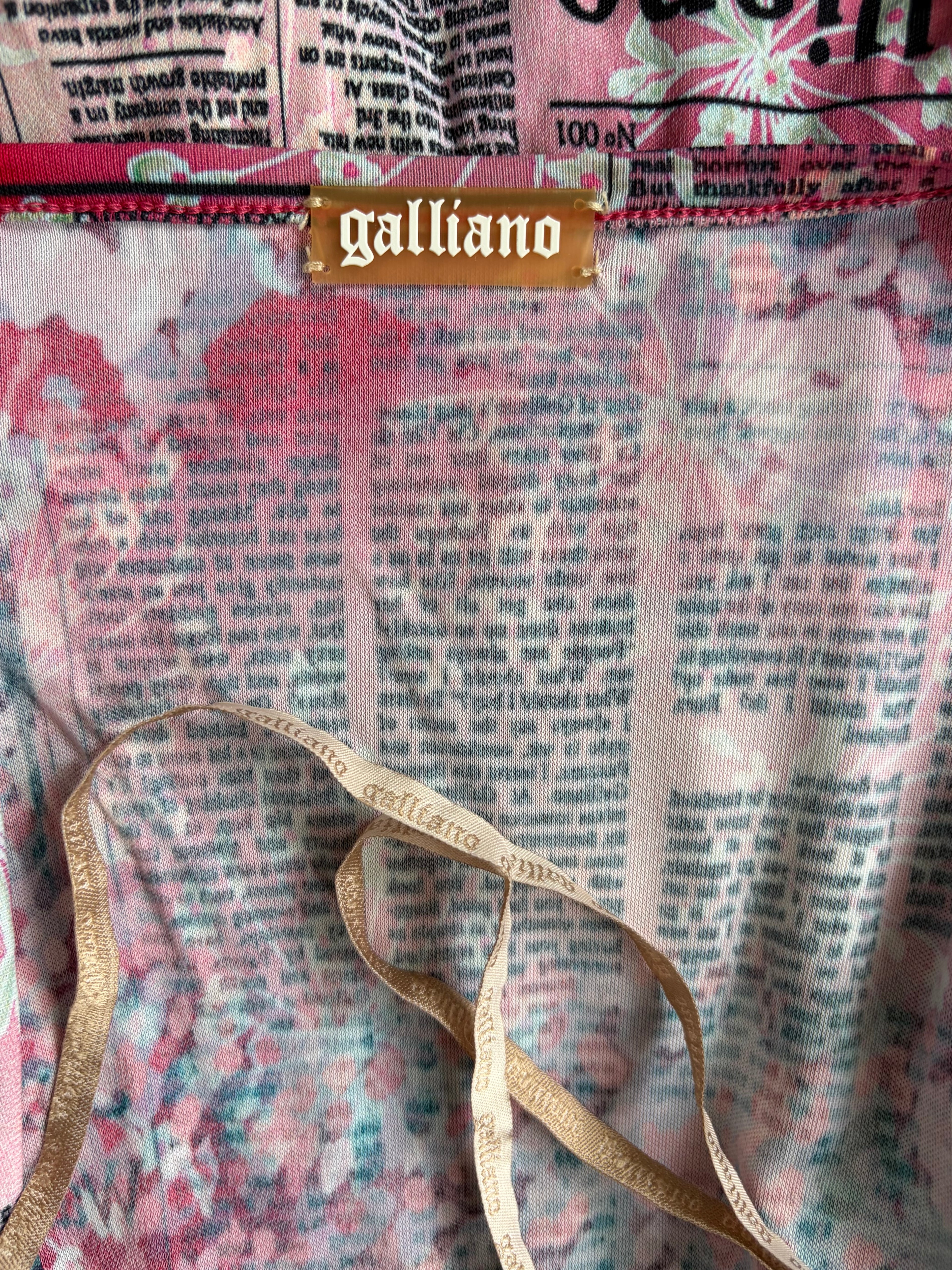 John Galliano Gazette Newspaper Print Pink Midi Dress 38IT Vintage 2000s