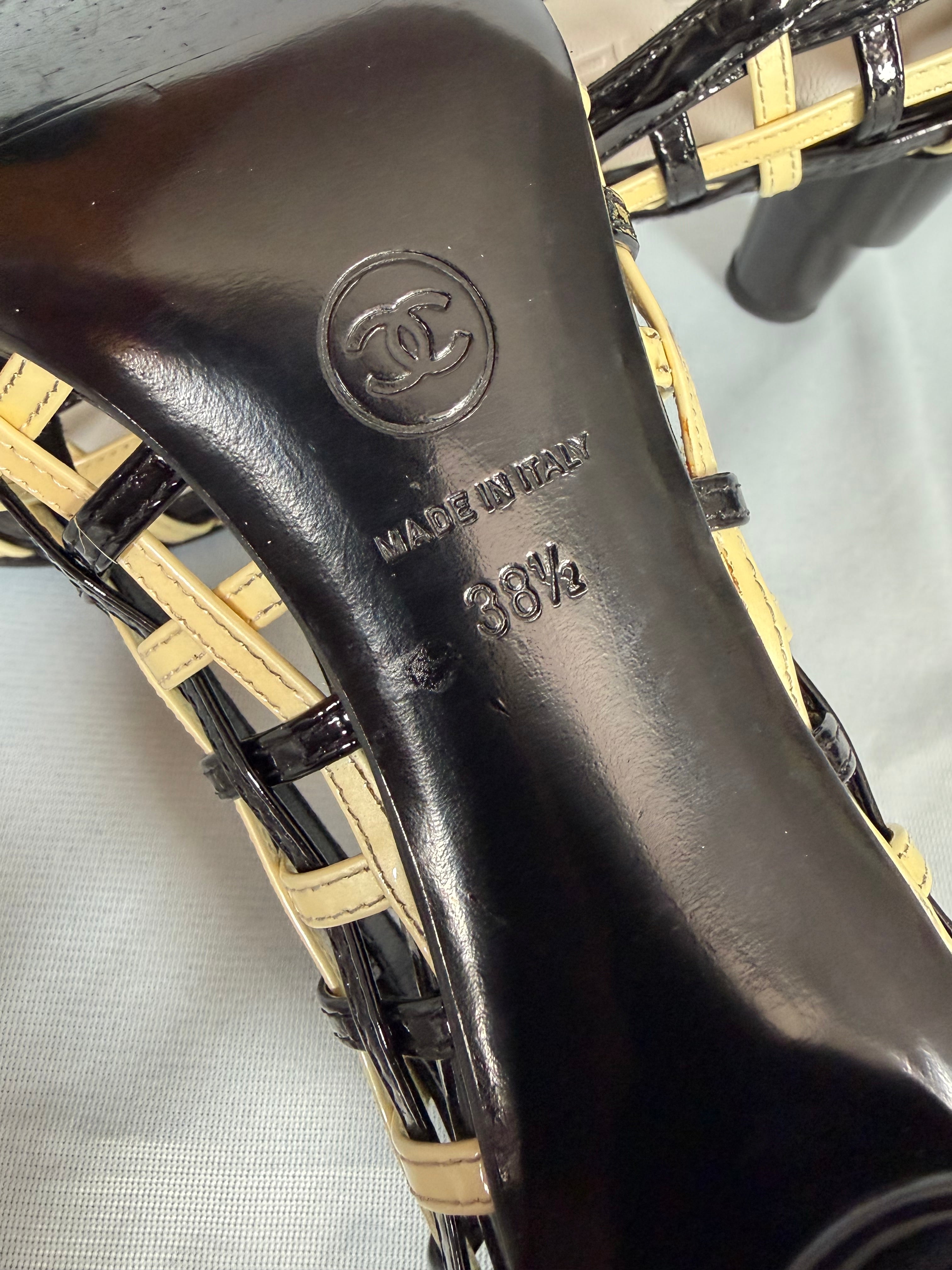 Chanel Resort 2009 Lattice Straps Pumps Black Beige Yellow Patent Leather 38.5eu