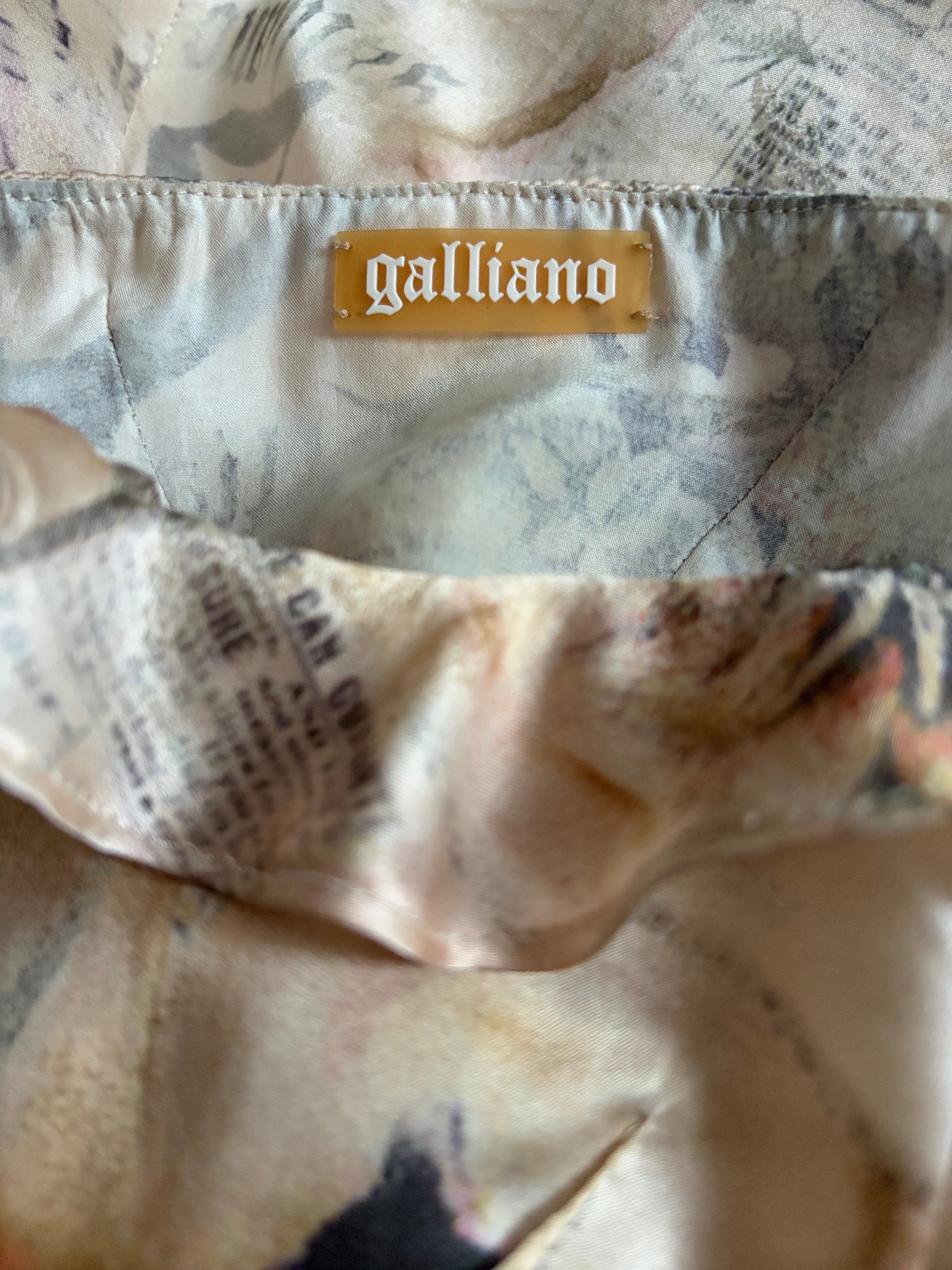 John Galliano 2000s Silk Dress Ruffled Front Gazette Print Romantic Floral 42IT