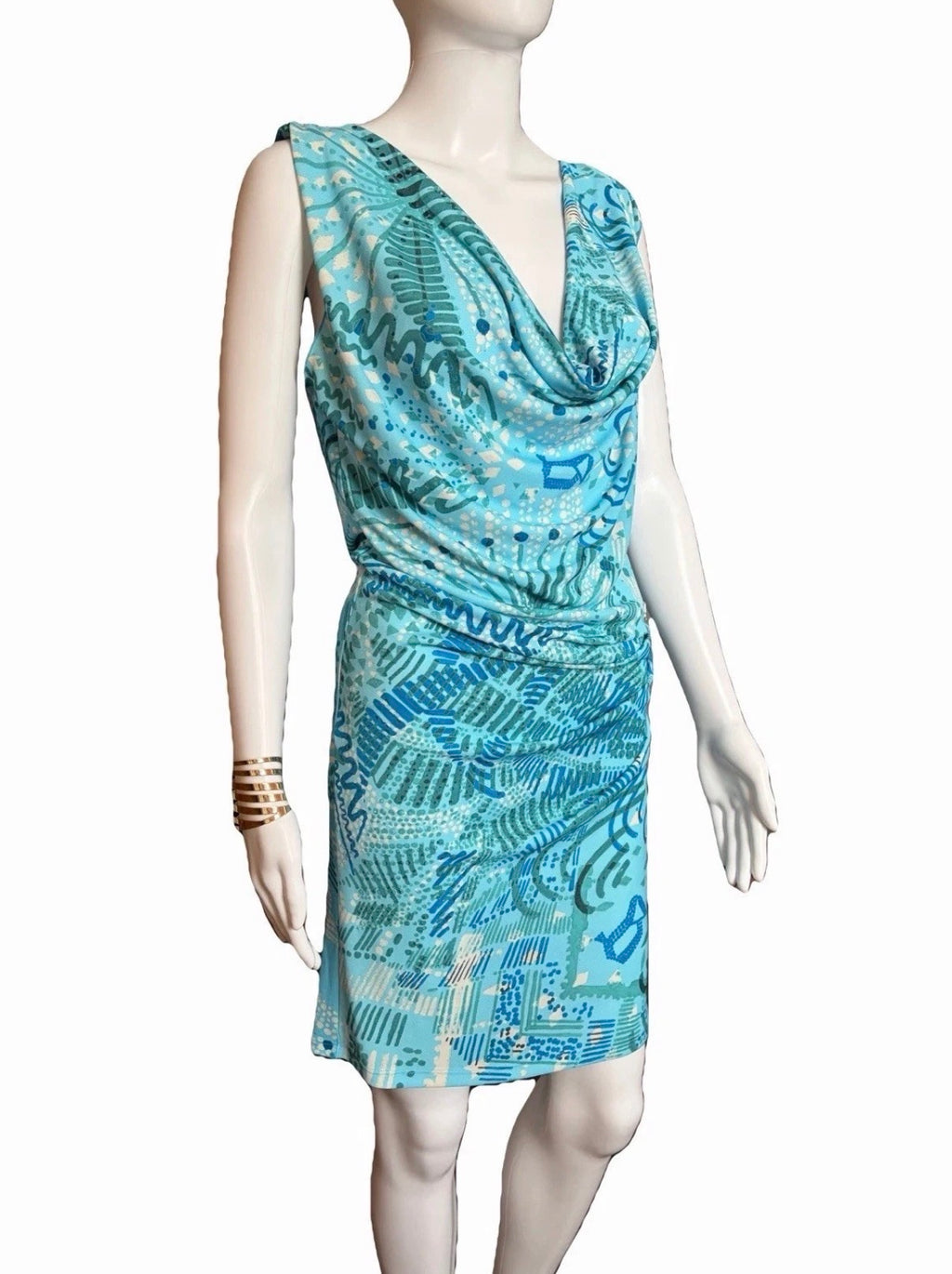 John Galliano Blue Cowl Neck Graphic Print Open Back Ruched Short Dress