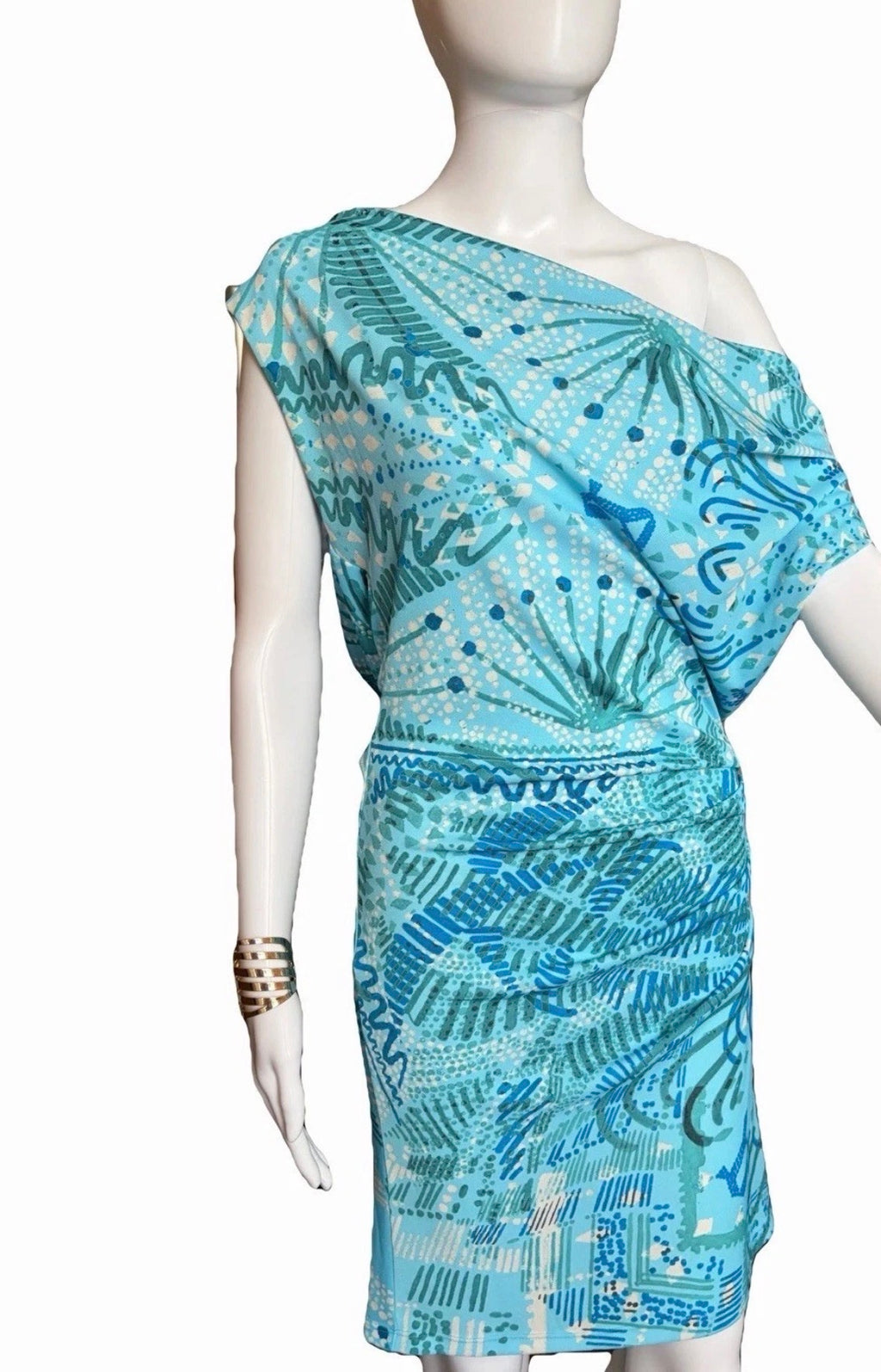 John Galliano Blue Cowl Neck Graphic Print Open Back Ruched Short Dress