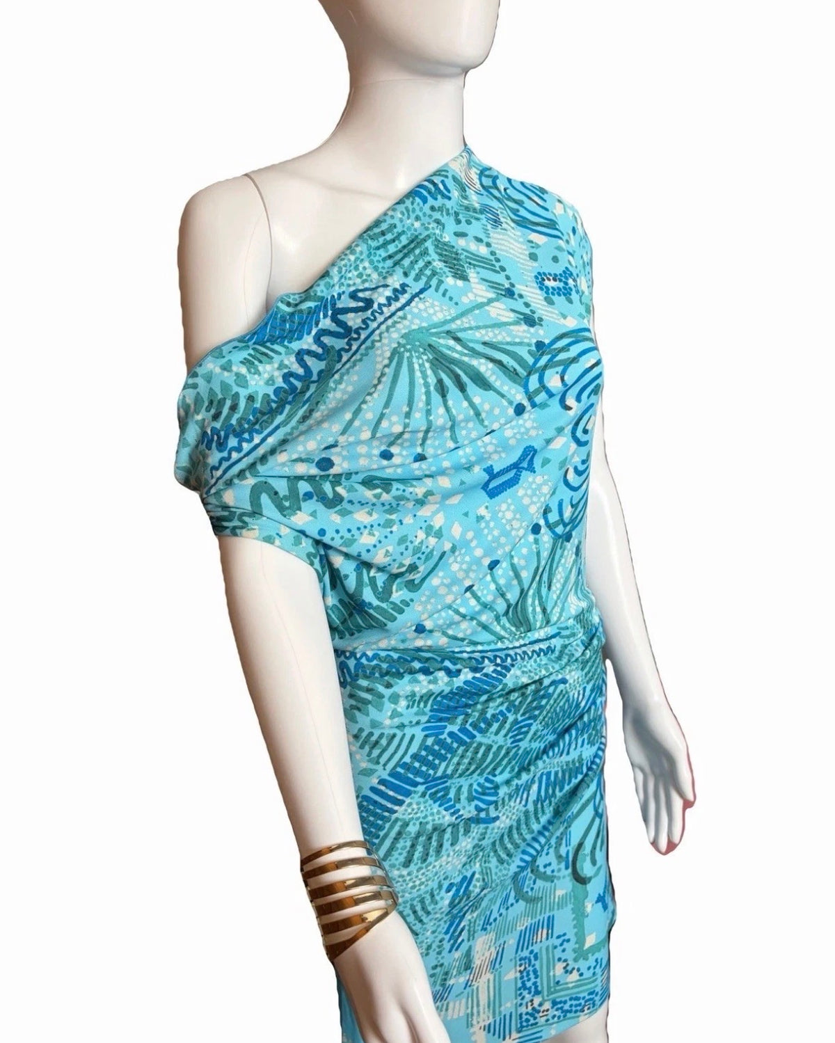 John Galliano Blue Cowl Neck Graphic Print Open Back Ruched Short Dress