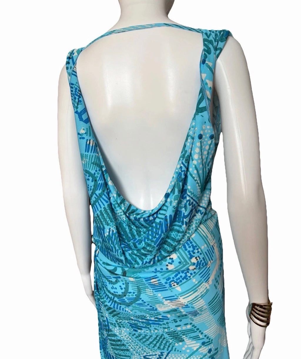 John Galliano Blue Cowl Neck Graphic Print Open Back Ruched Short Dress