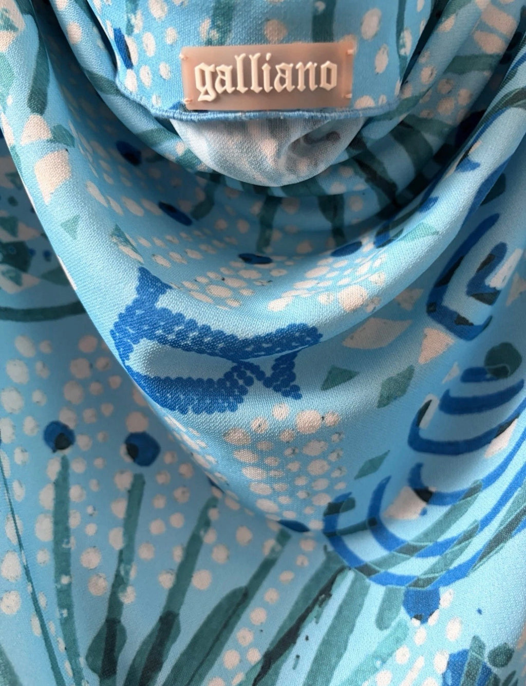 John Galliano Blue Cowl Neck Graphic Print Open Back Ruched Short Dress