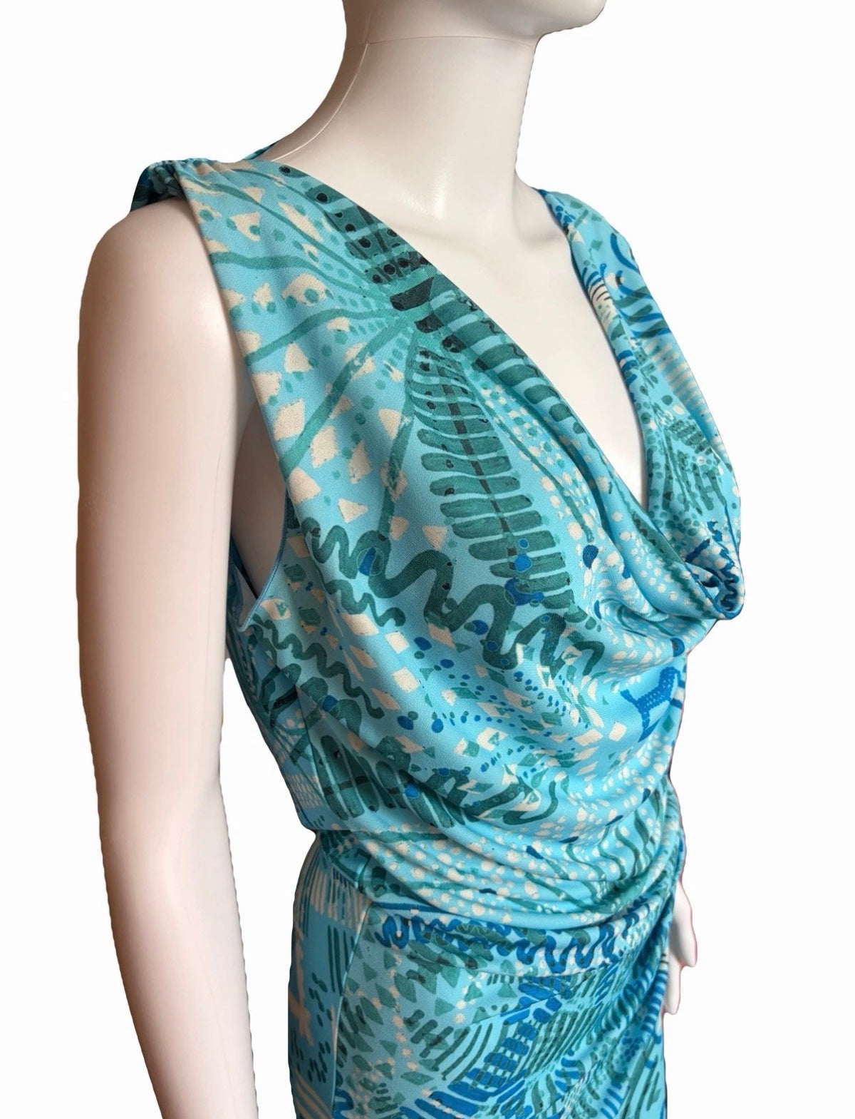 John Galliano Blue Cowl Neck Graphic Print Open Back Ruched Short Dress