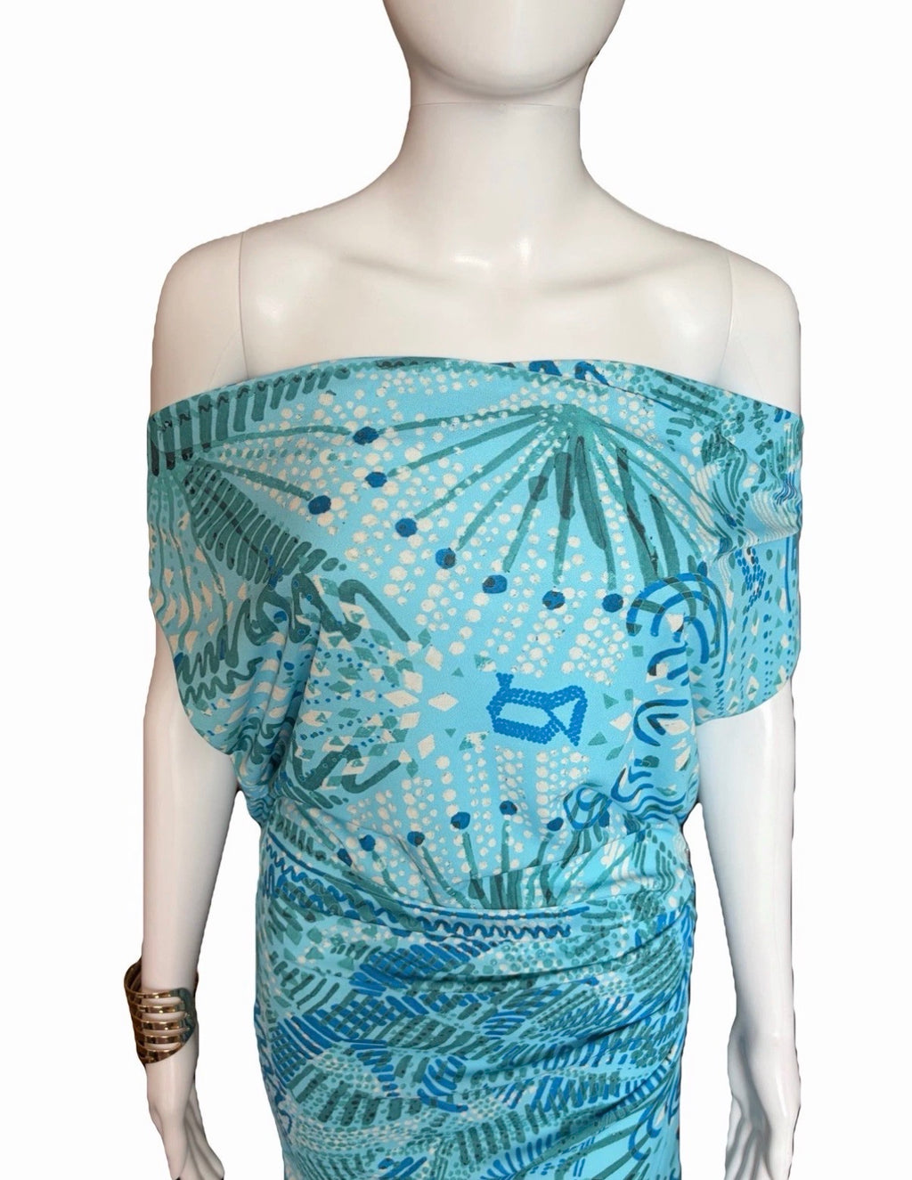 John Galliano Blue Cowl Neck Graphic Print Open Back Ruched Short Dress