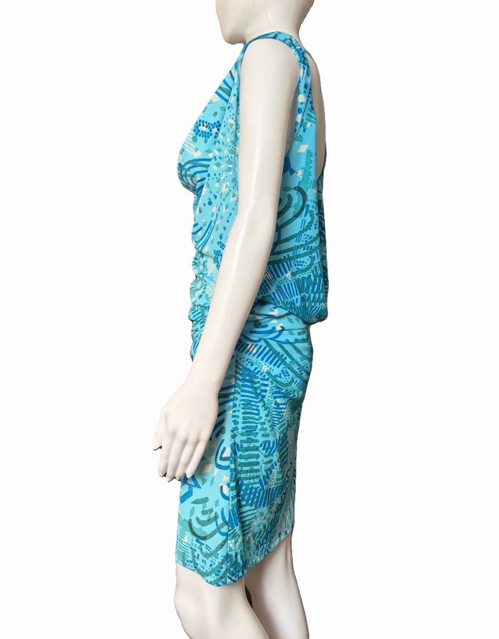 John Galliano Blue Cowl Neck Graphic Print Open Back Ruched Short Dress