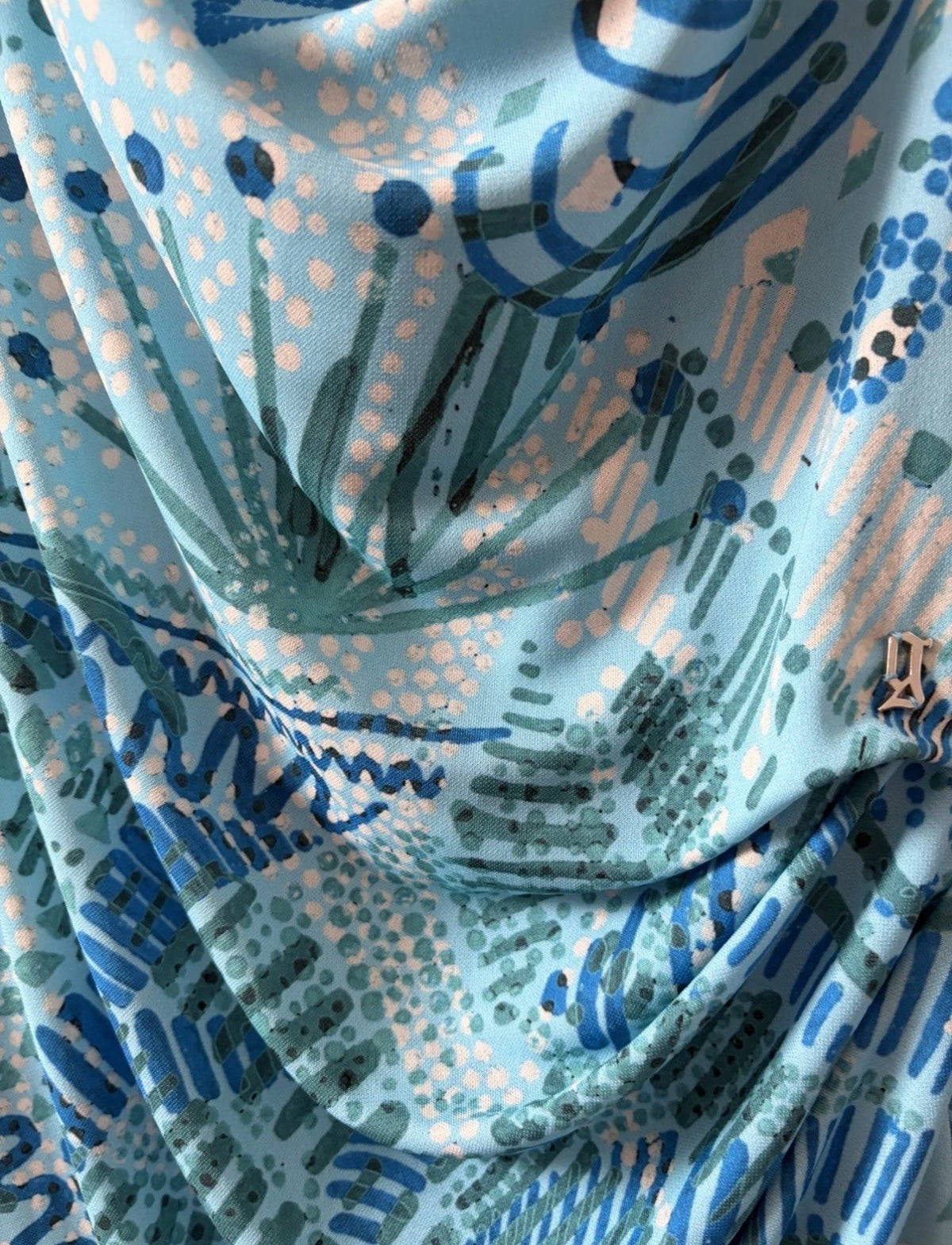 John Galliano Blue Cowl Neck Graphic Print Open Back Ruched Short Dress