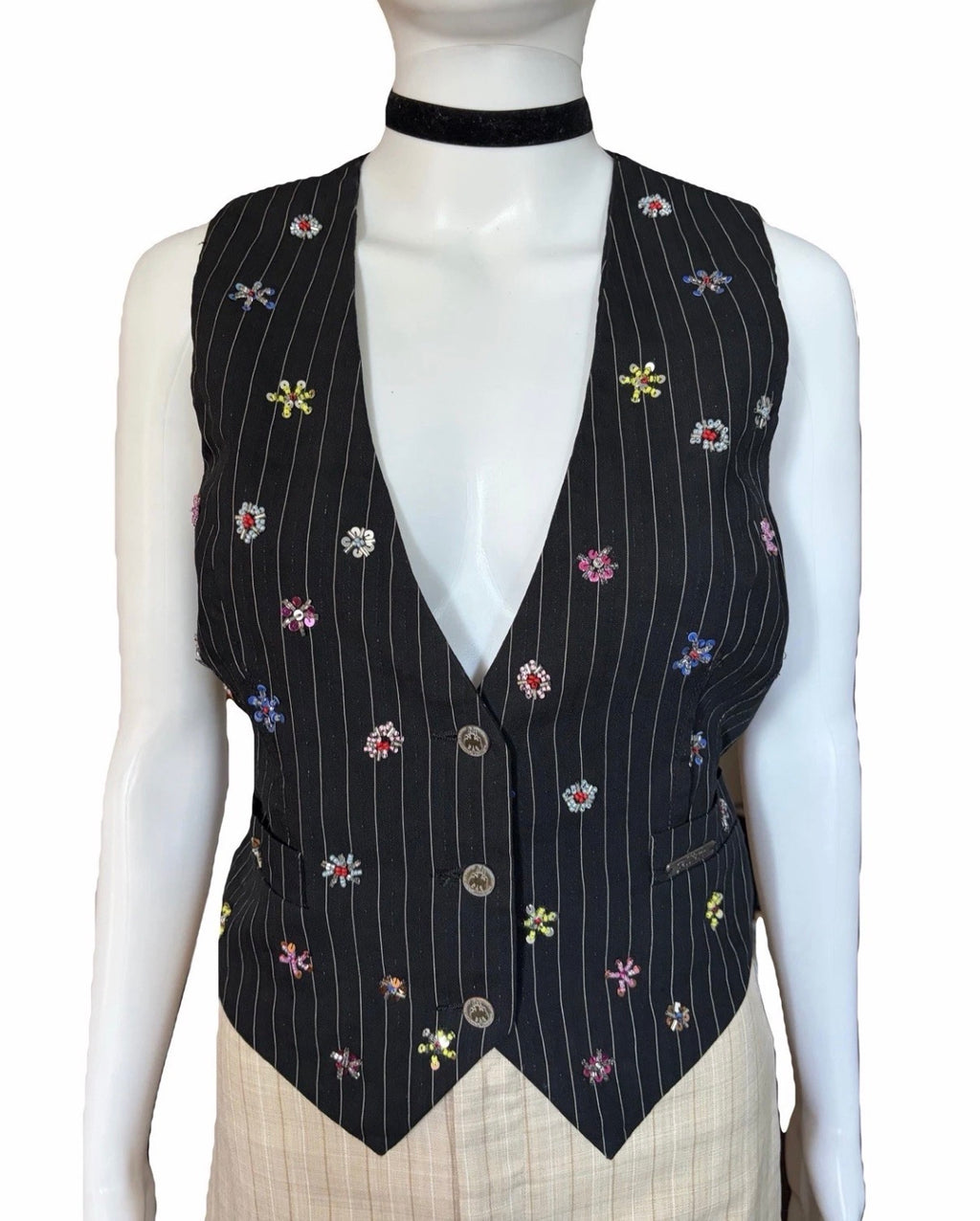 John Galliano Black Pinstripe Vest Floral Embroidery 42IT Spring 2008 Newspaper
