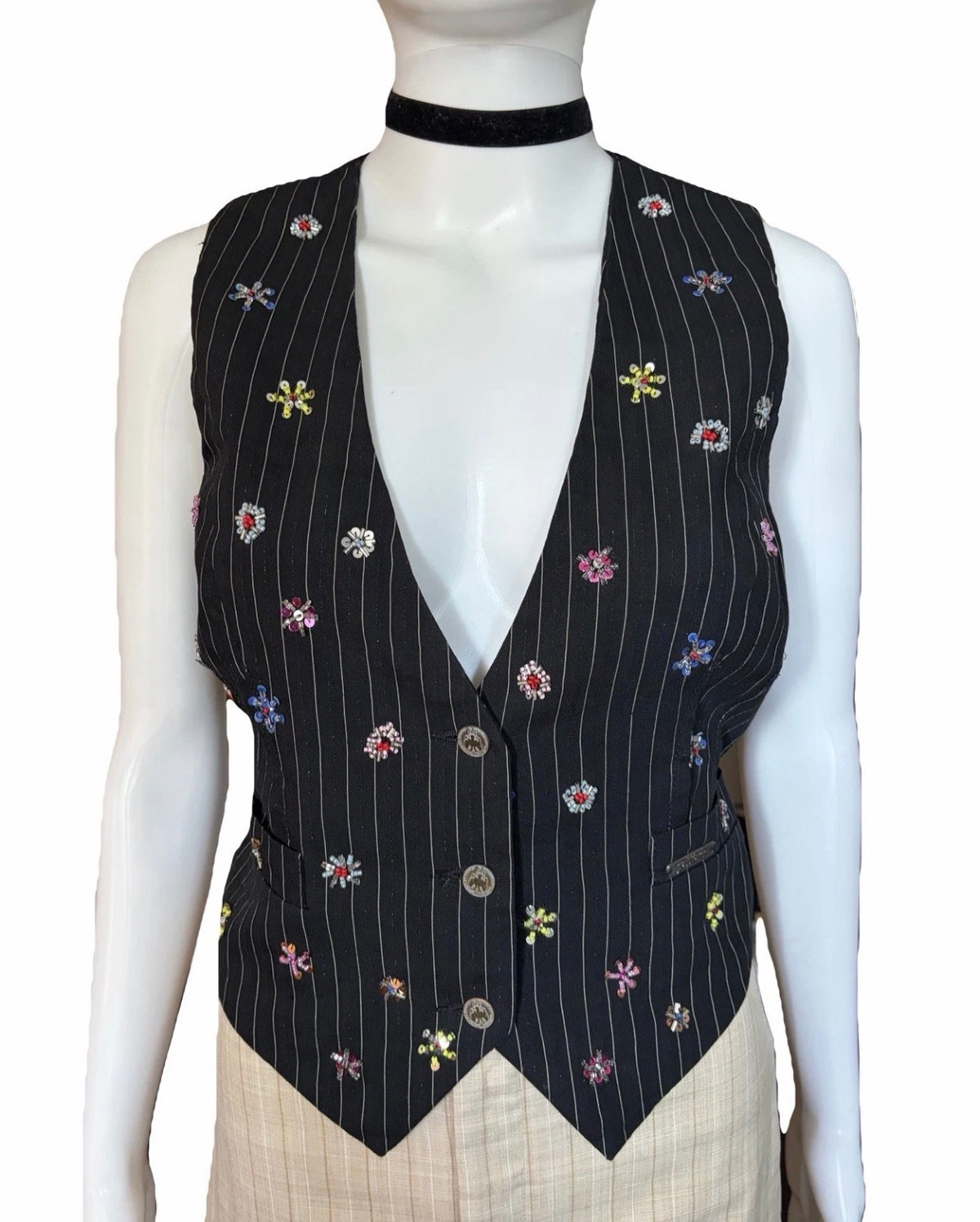 John Galliano Black Pinstripe Vest Floral Embroidery 42IT Spring 2008 Newspaper