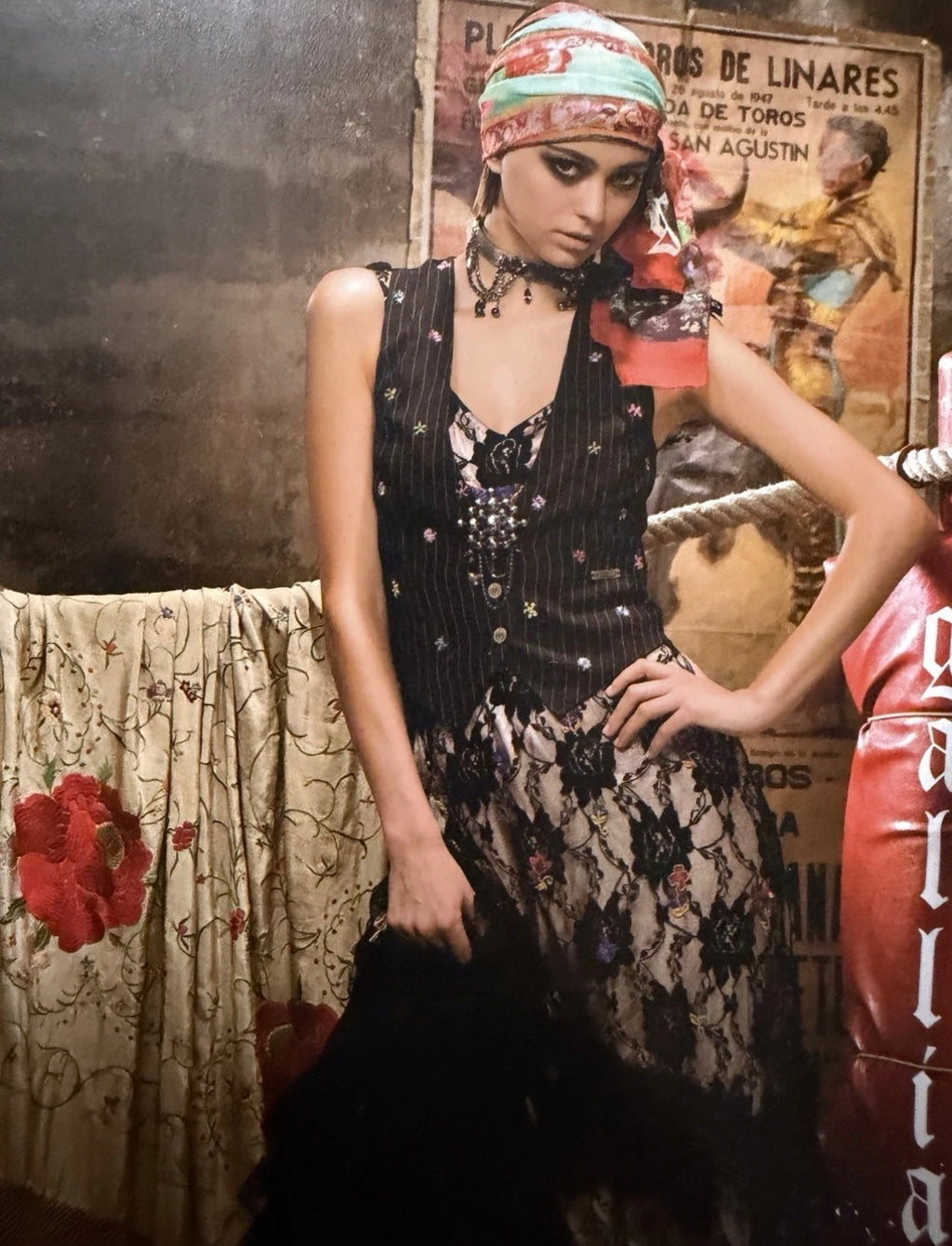 John Galliano Black Pinstripe Vest Floral Embroidery 42IT Spring 2008 Newspaper