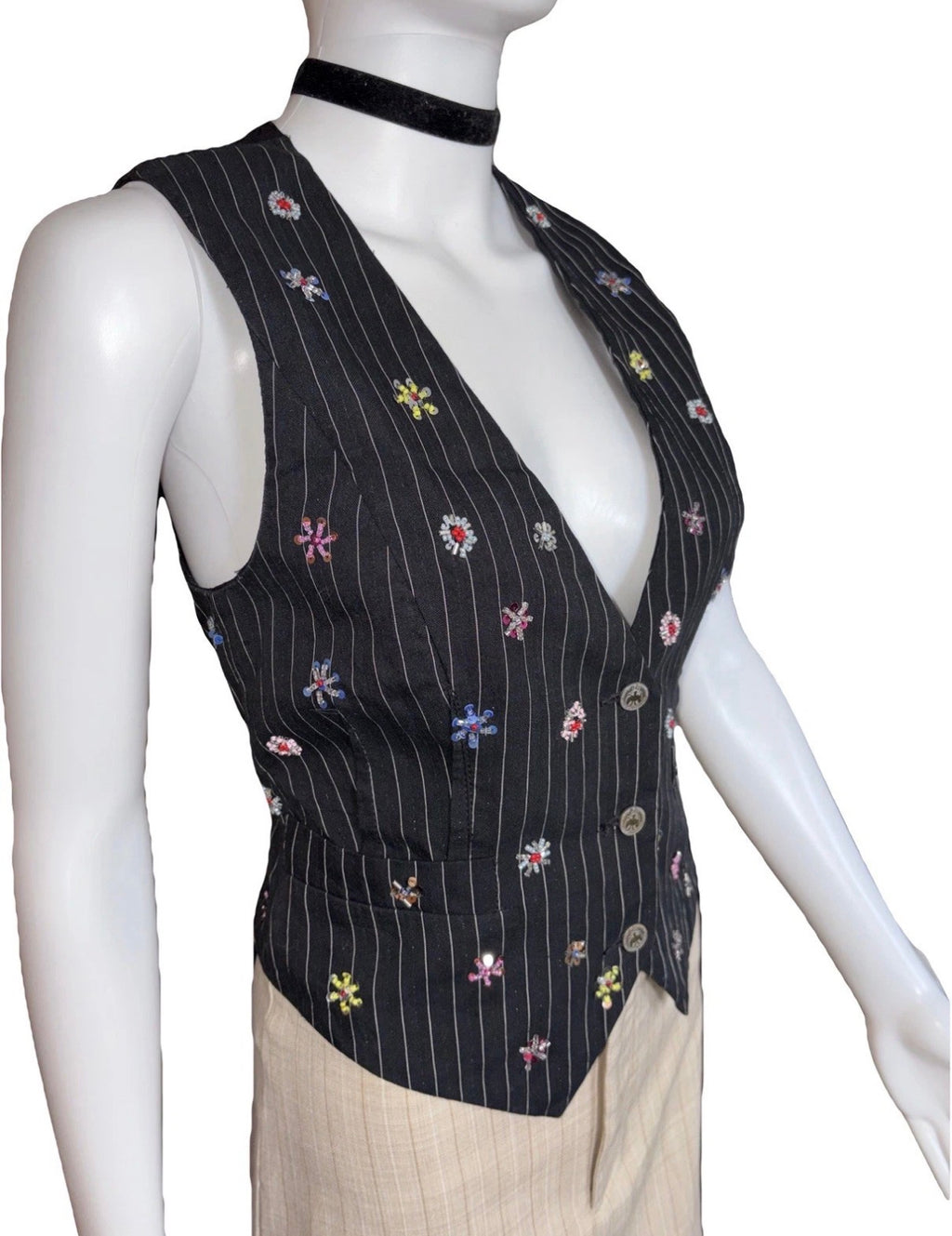 John Galliano Black Pinstripe Vest Floral Embroidery 42IT Spring 2008 Newspaper