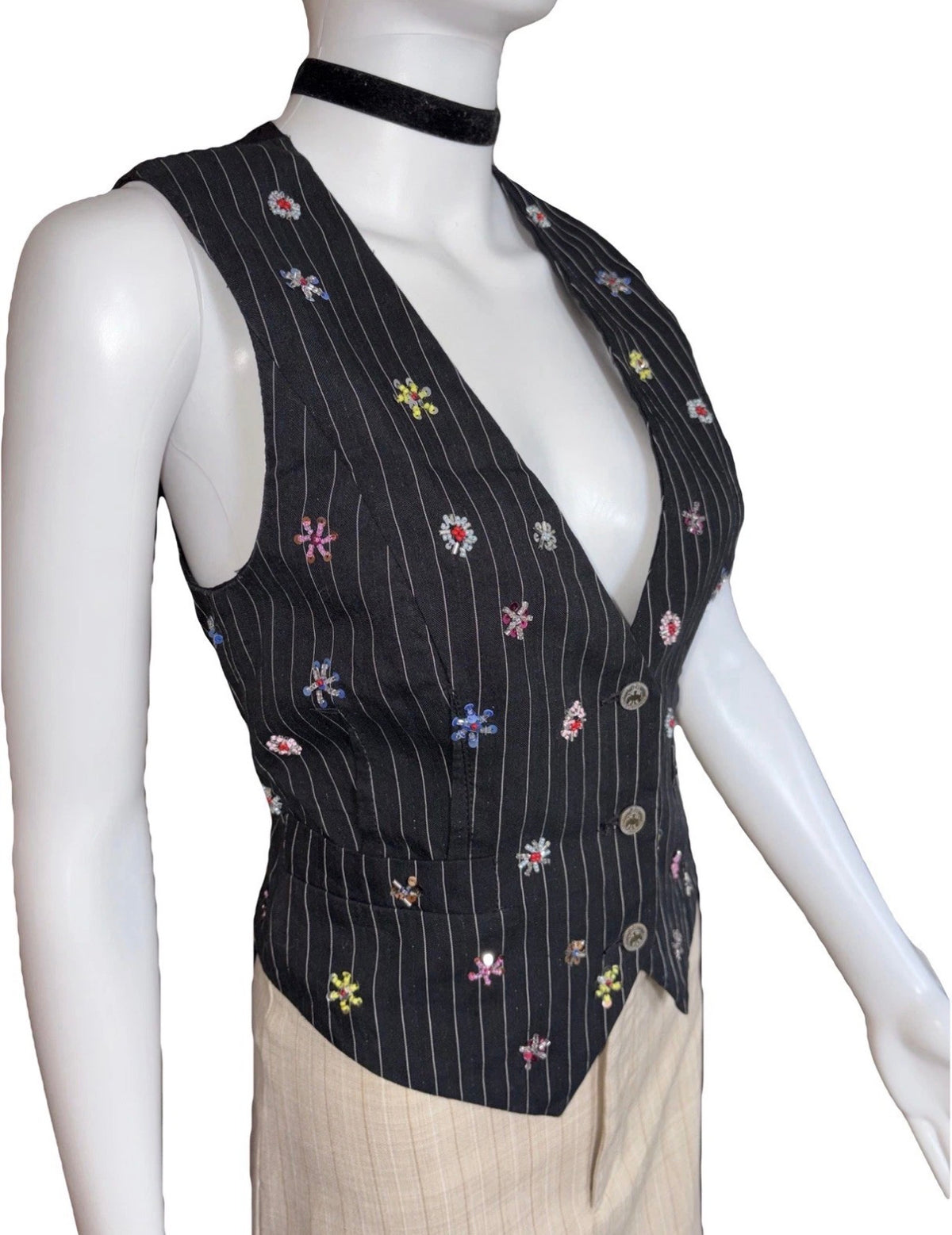 John Galliano Black Pinstripe Vest Floral Embroidery 42IT Spring 2008 Newspaper