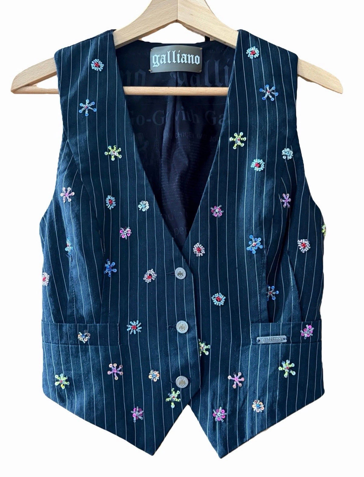 John Galliano Black Pinstripe Vest Floral Embroidery 42IT Spring 2008 Newspaper