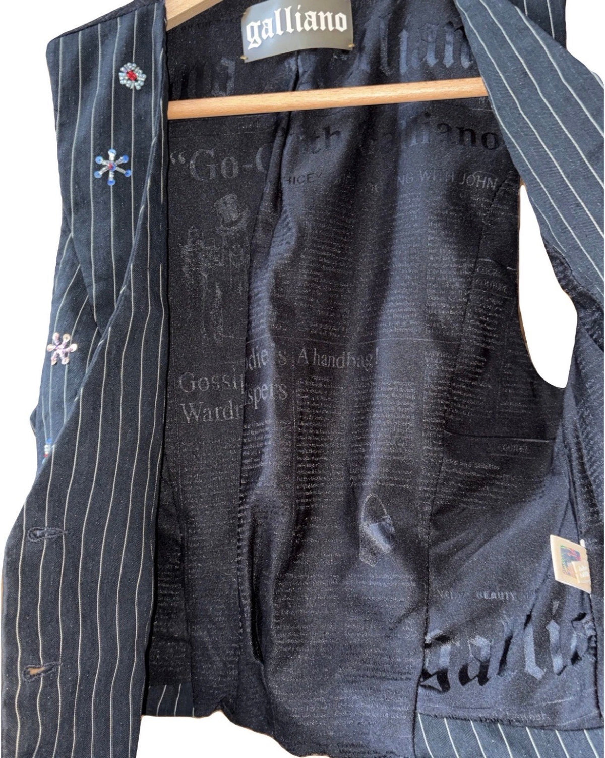 John Galliano Black Pinstripe Vest Floral Embroidery 42IT Spring 2008 Newspaper