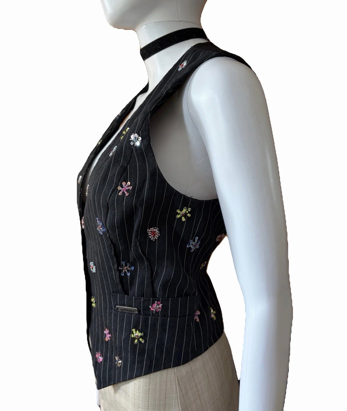 John Galliano Black Pinstripe Vest Floral Embroidery 42IT Spring 2008 Newspaper