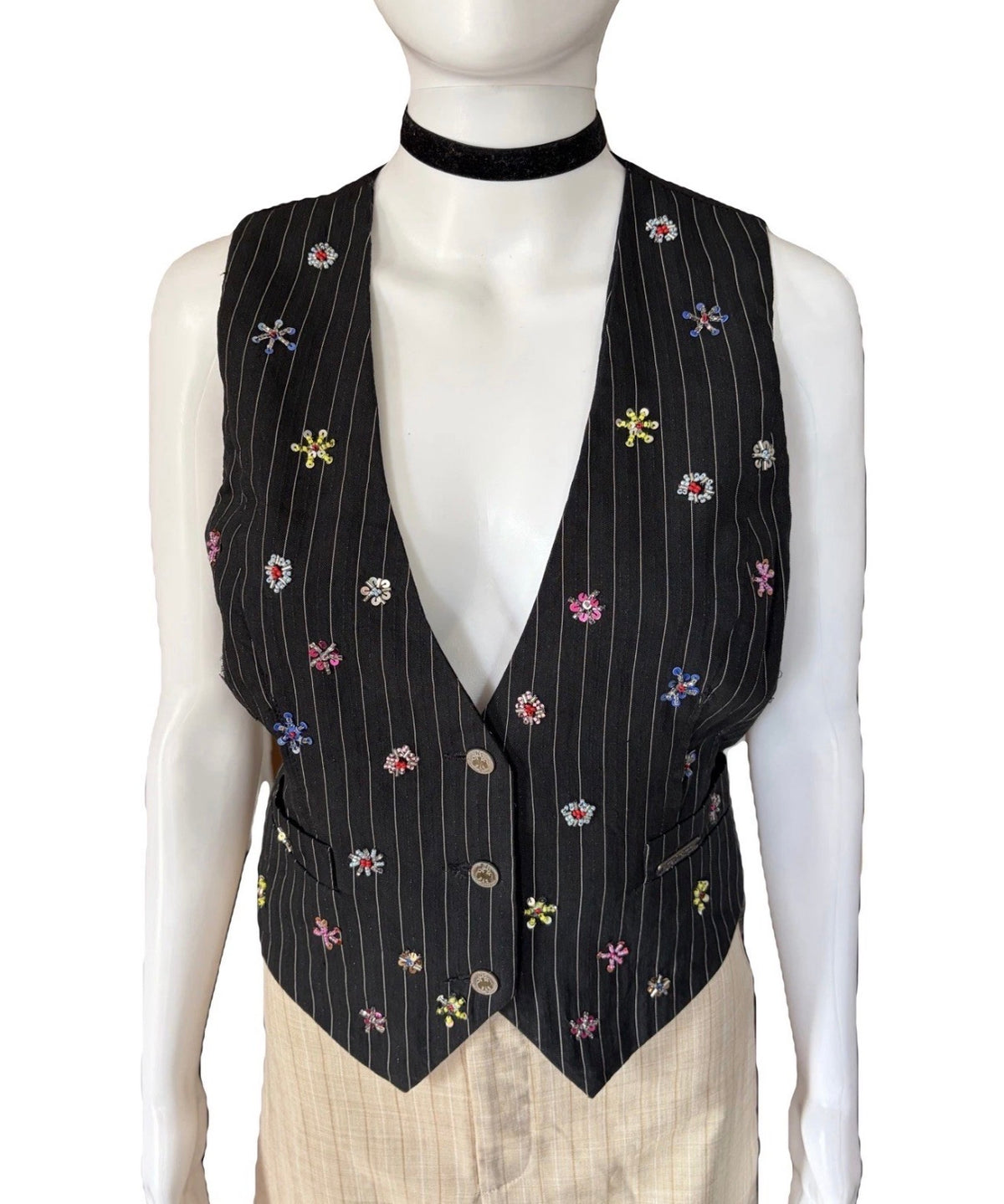 John Galliano Black Pinstripe Vest Floral Embroidery 42IT Spring 2008 Newspaper