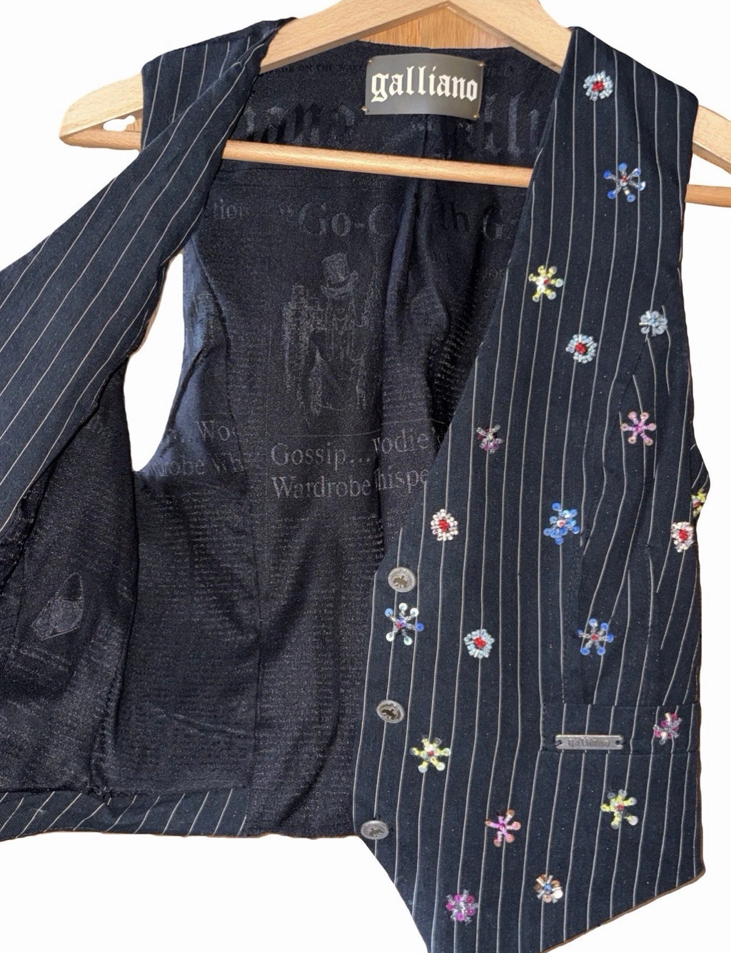 John Galliano Black Pinstripe Vest Floral Embroidery 42IT Spring 2008 Newspaper