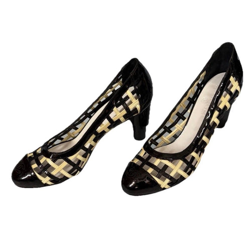 Chanel Resort 2009 Lattice Straps Pumps Black Beige Yellow Patent Leather 38.5eu