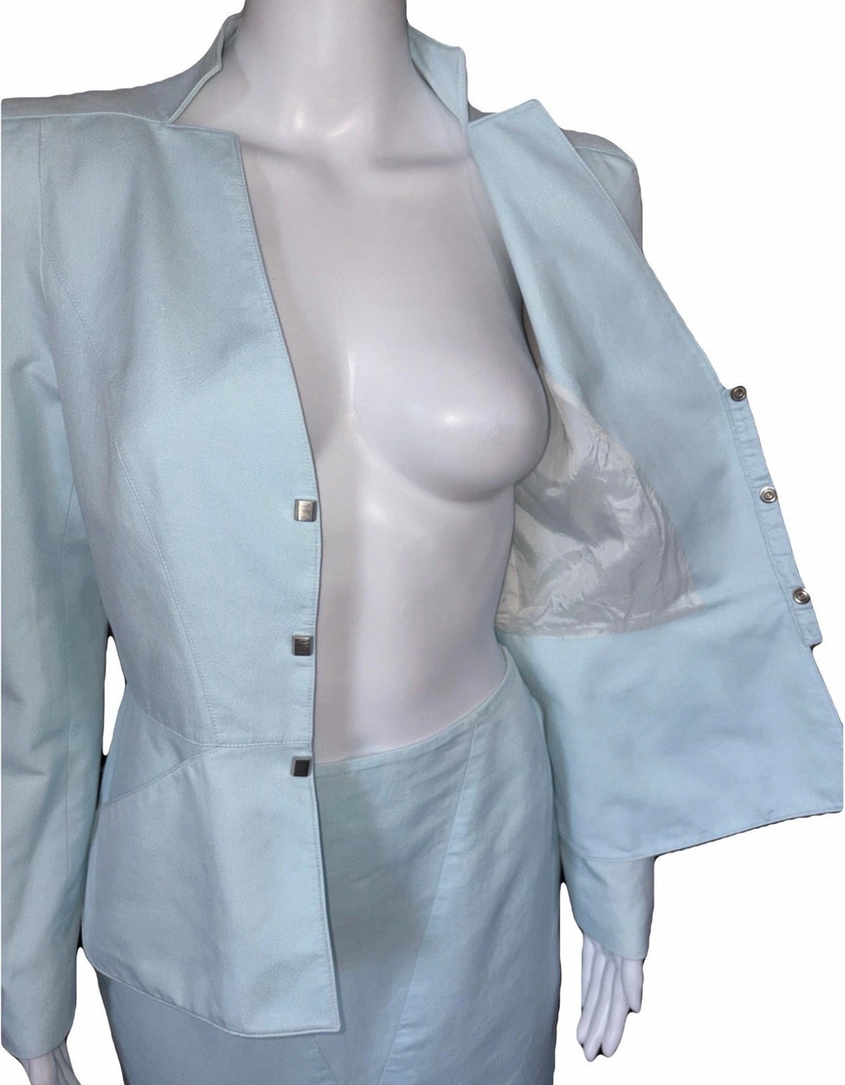 Thierry Mugler Vintage Shimmer Powder Blue Couture Blazer Skirt Set 40FR 90s