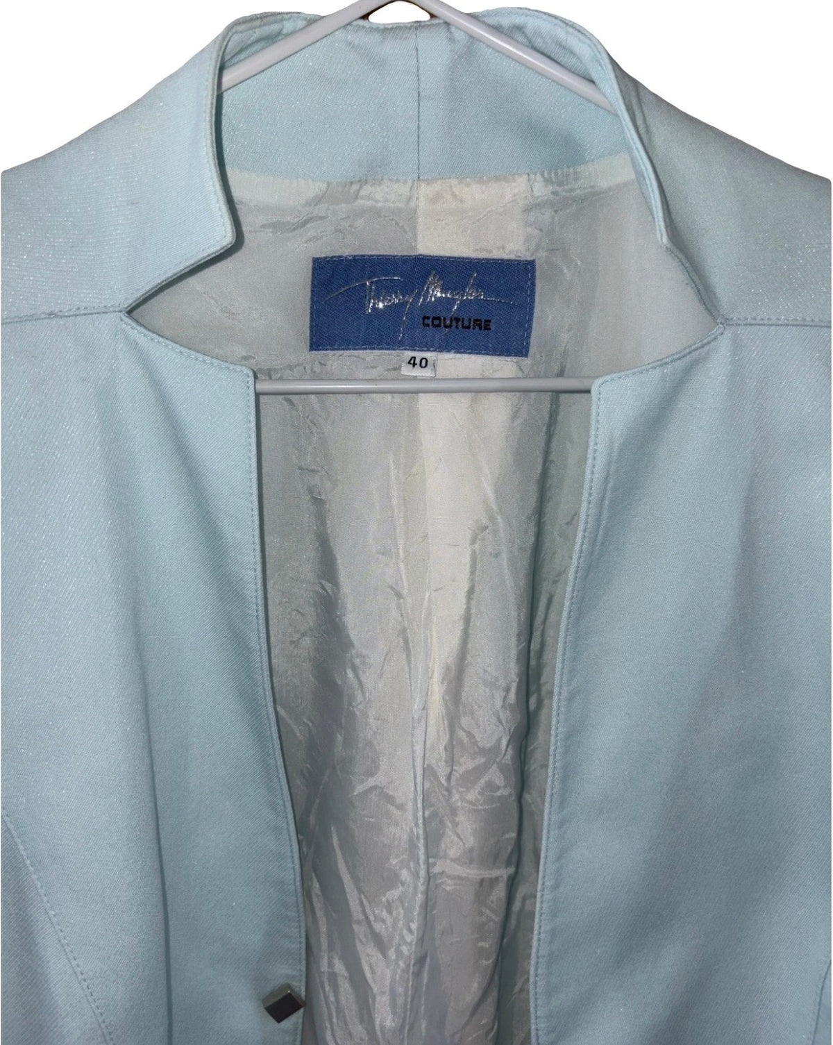 Thierry Mugler Vintage Shimmer Powder Blue Couture Blazer Skirt Set 40FR 90s