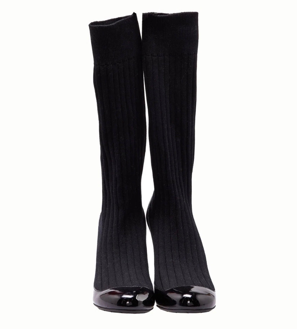 Chanel Black Sock Boots Patent Leather Spring  2014 37.5eu