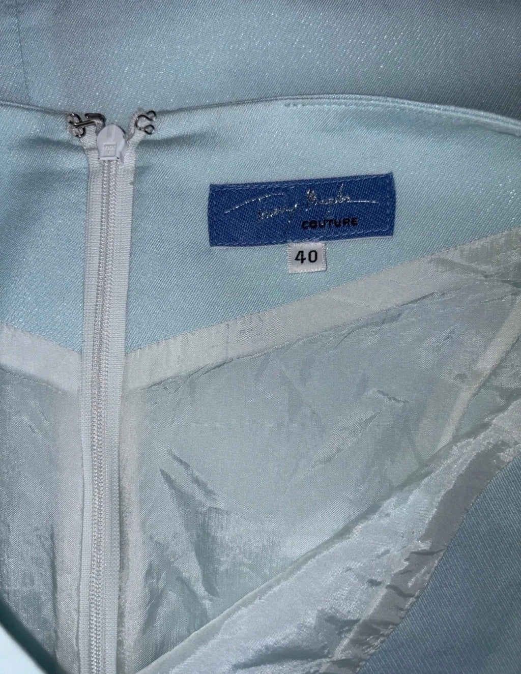 Thierry Mugler Vintage Shimmer Powder Blue Couture Blazer Skirt Set 40FR 90s