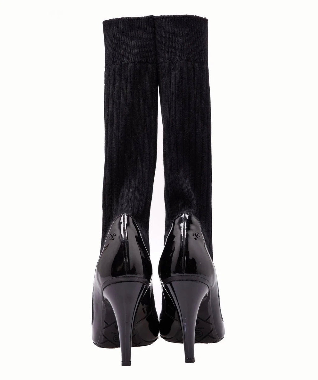Chanel Black Sock Boots Patent Leather Spring  2014 37.5eu