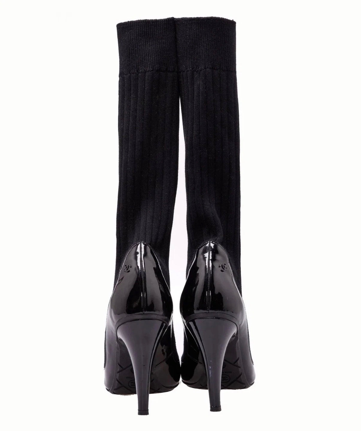 Chanel Black Sock Boots Patent Leather Spring  2014 37.5eu