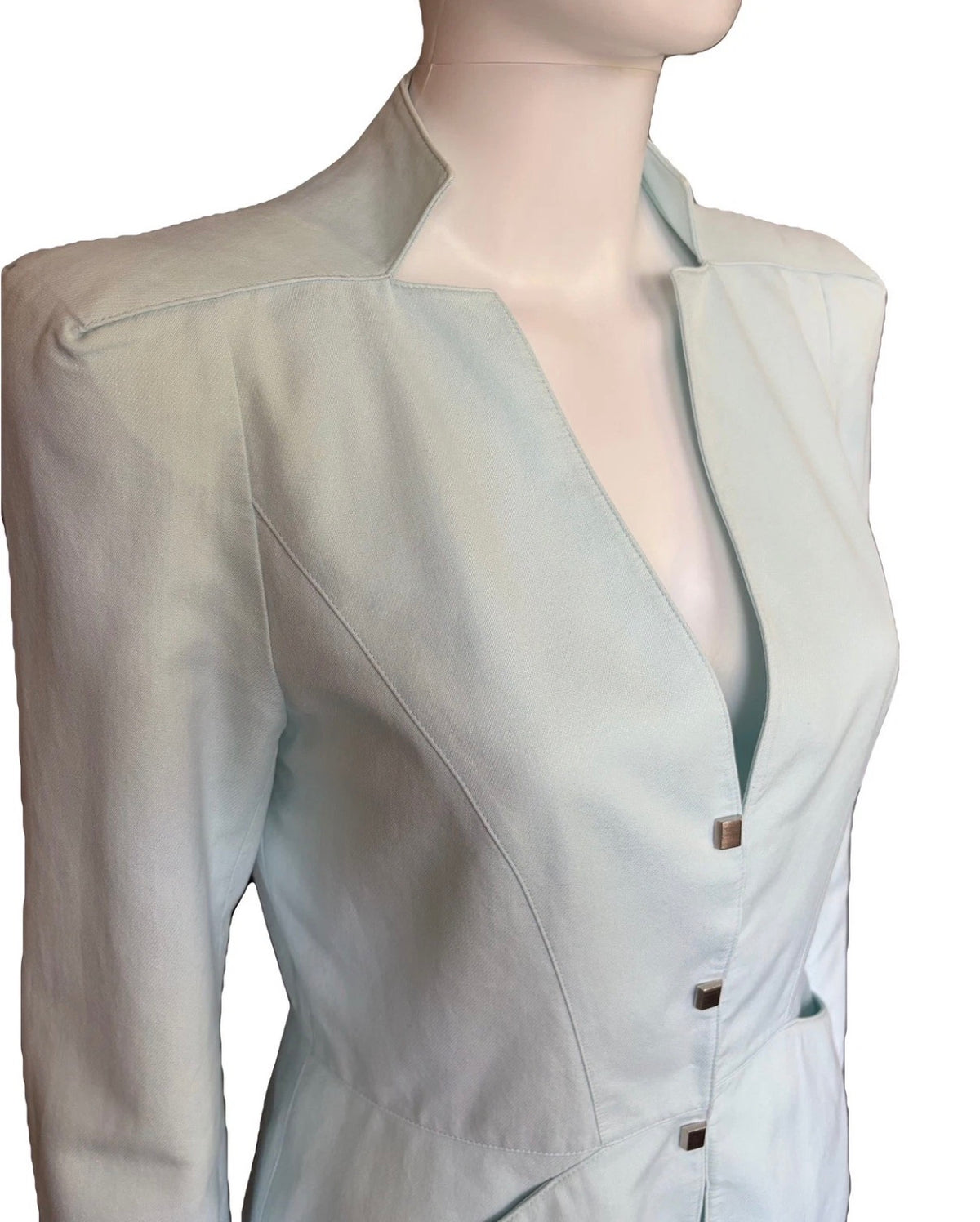 Thierry Mugler Vintage Shimmer Powder Blue Couture Blazer Skirt Set 40FR 90s
