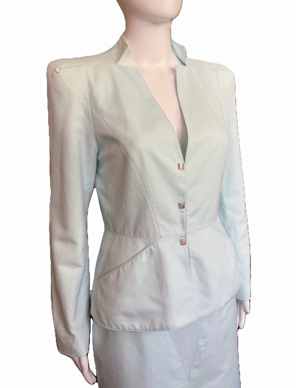 Thierry Mugler Vintage Shimmer Powder Blue Couture Blazer Skirt Set 40FR 90s