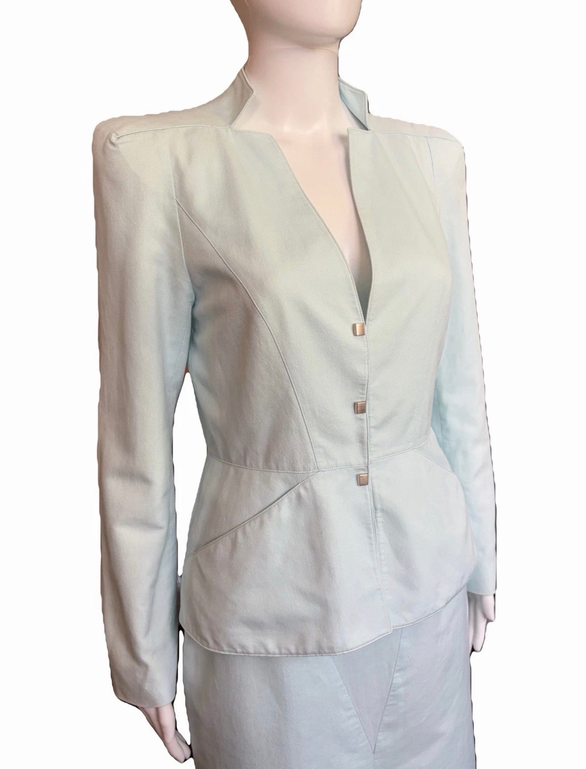 Thierry Mugler Vintage Shimmer Powder Blue Couture Blazer Skirt Set 40FR 90s