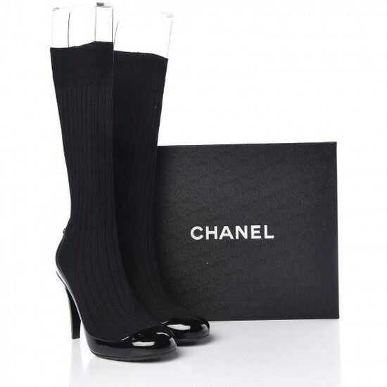 Chanel Black Sock Boots Patent Leather Spring  2014 37.5eu