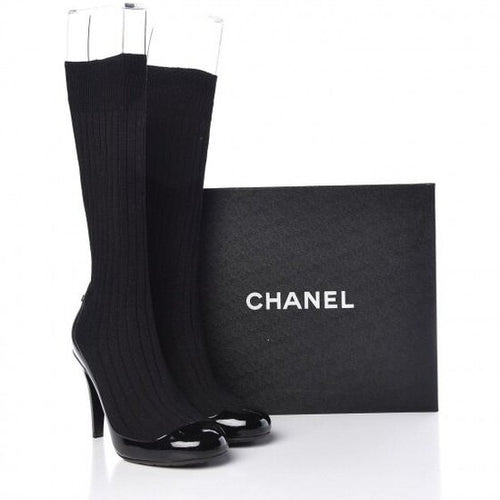 Chanel Black Sock Boots Patent Leather Spring  2014 37.5eu