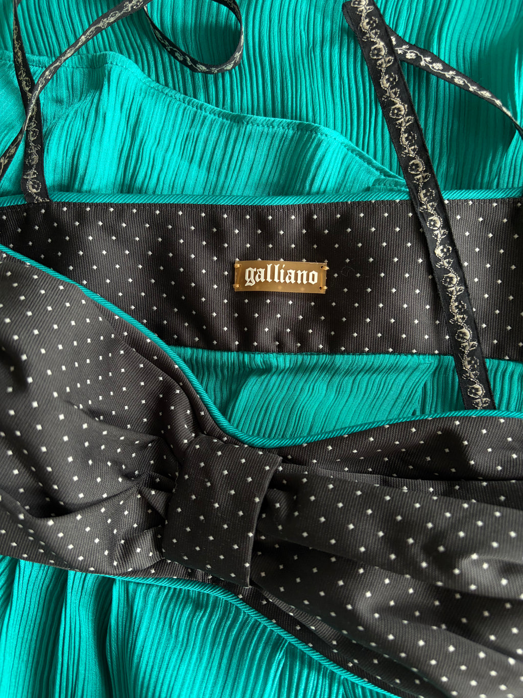 John Galliano 2000s Silk Dress Teal Black Polka Dot 42IT