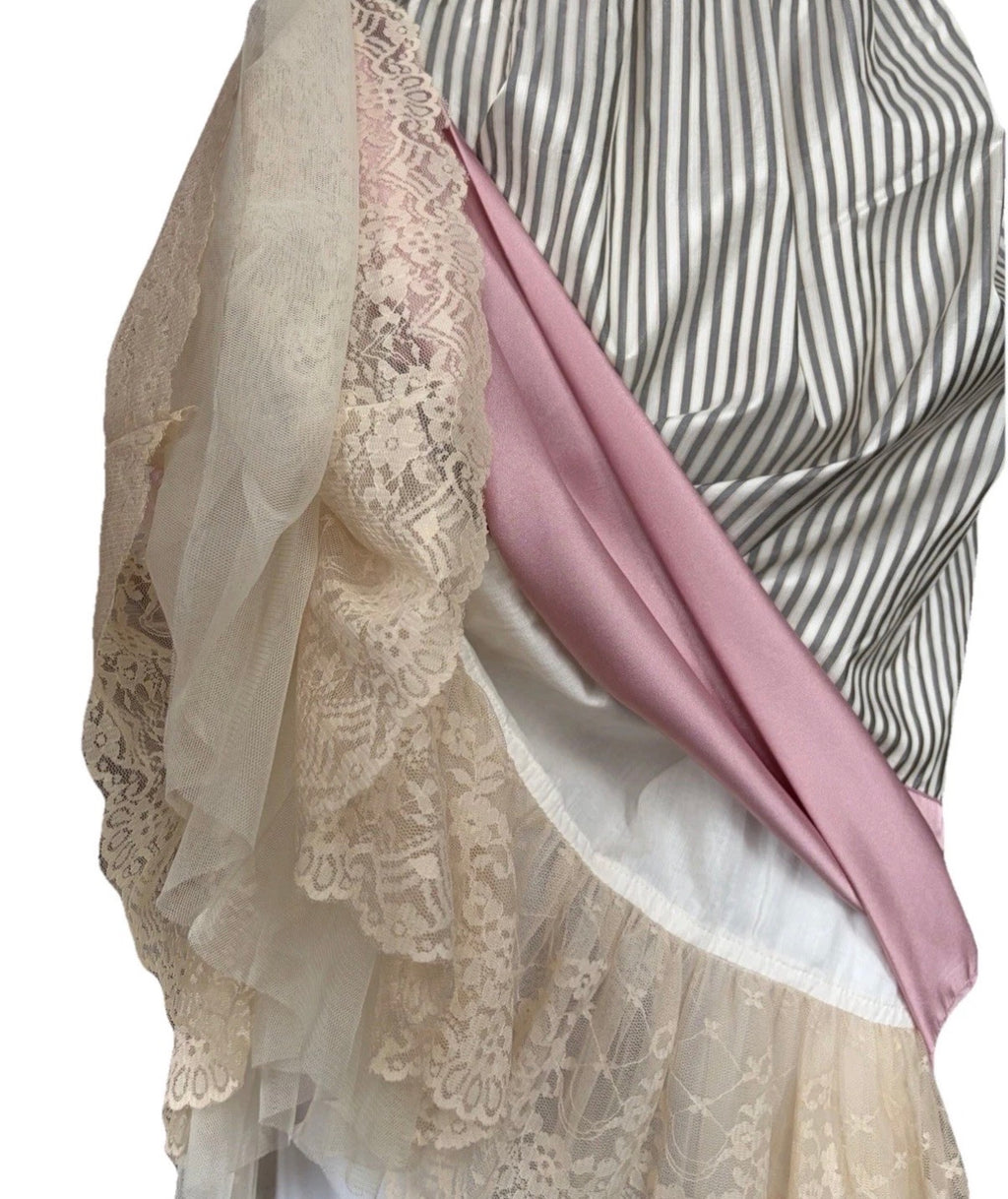 John Galliano 2000s Vintage Silk Striped Dress Lace Trim Tulle Top 40 IT