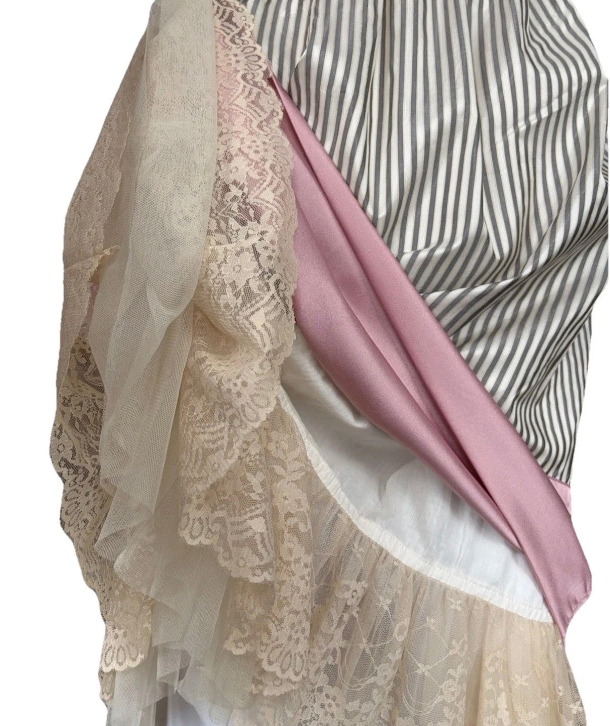 John Galliano 2000s Vintage Silk Striped Dress Lace Trim Tulle Top 40 IT