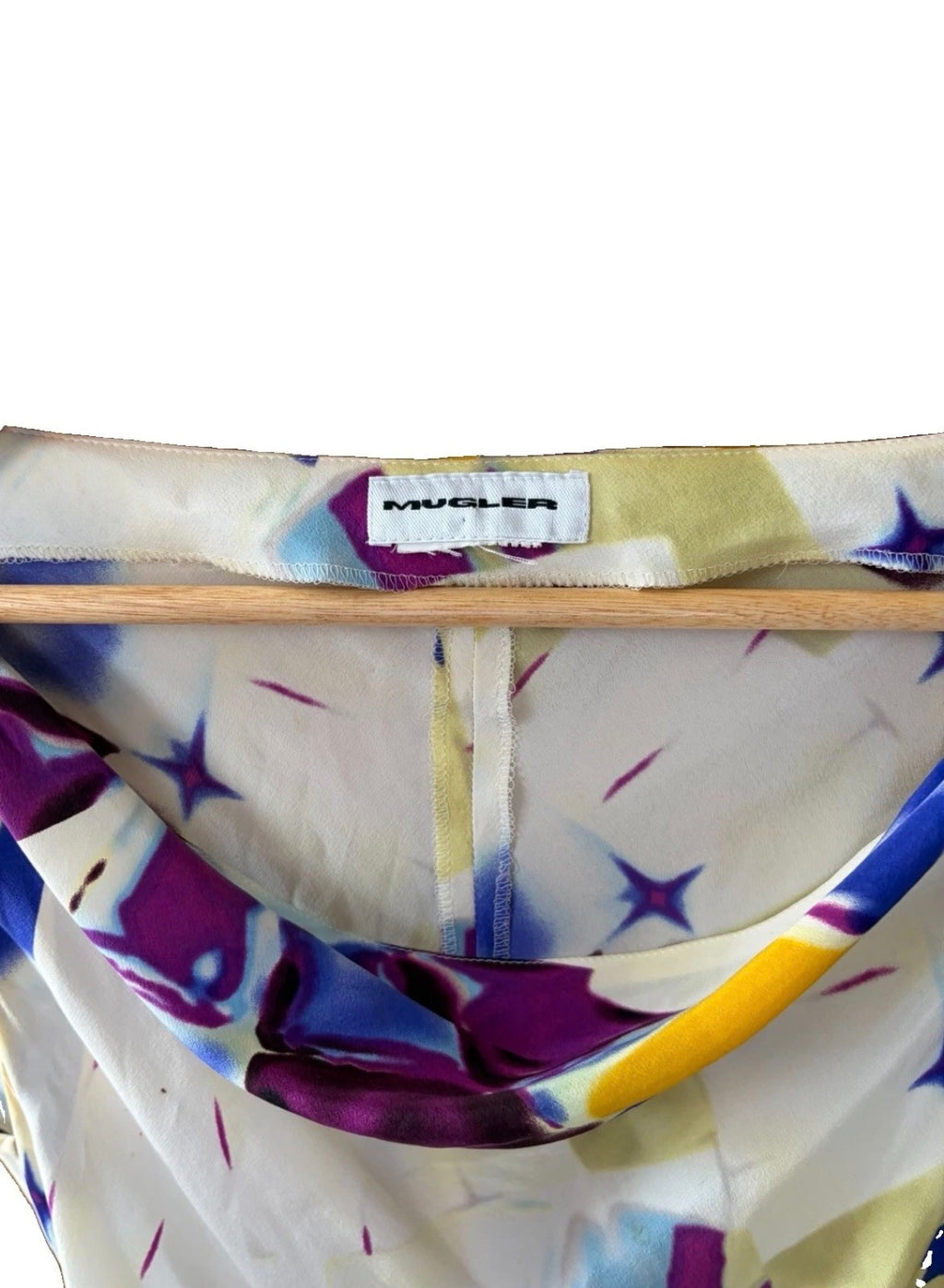 Thierry Mugler 2000s ear 100% Silk Dress Kaleidoscope Vibrant Print Metal Rope Beaded Belt