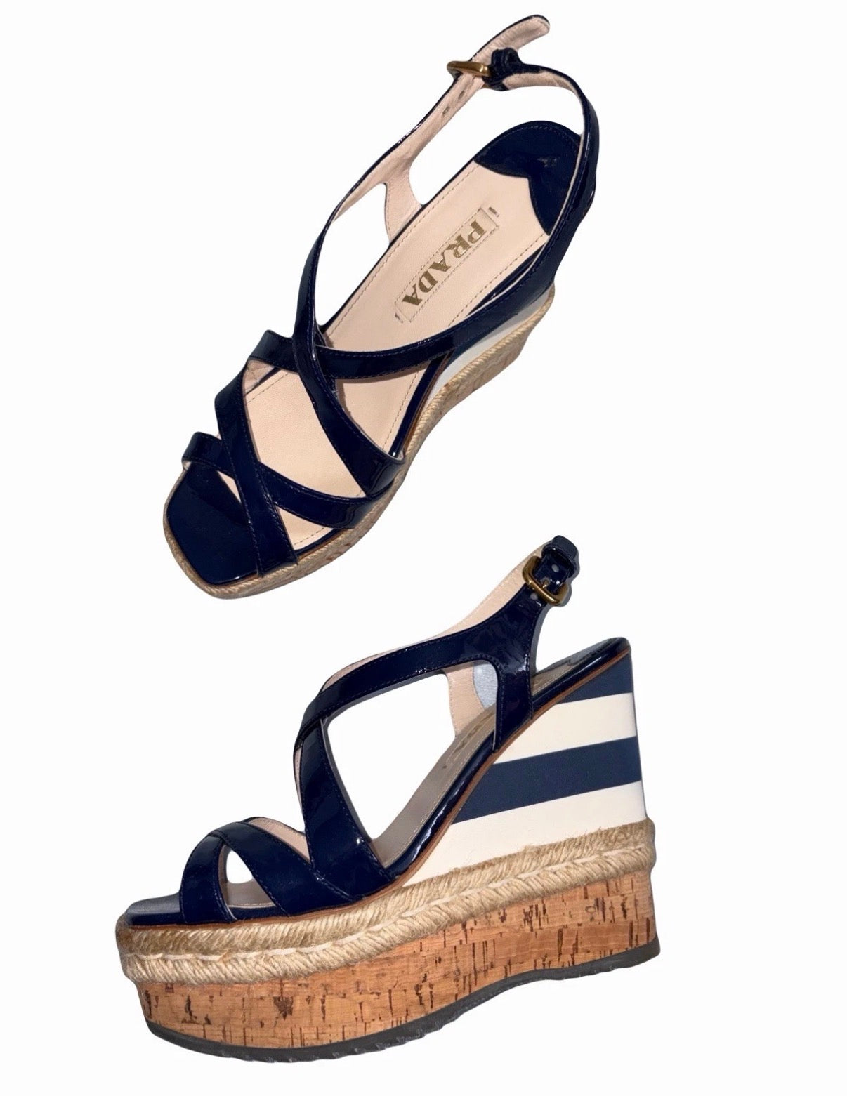 Prada Navy Strips Patent Leather Platform Wedge Sandals 5uk.