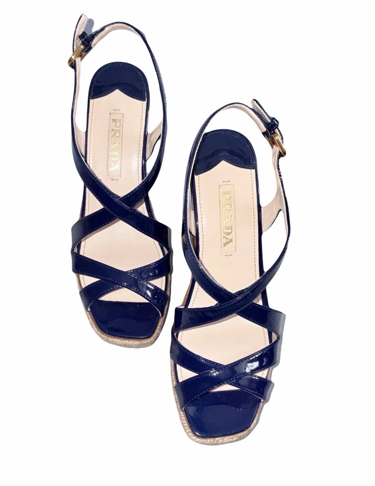 Prada Navy Strips Patent Leather Platform Wedge Sandals 5uk.