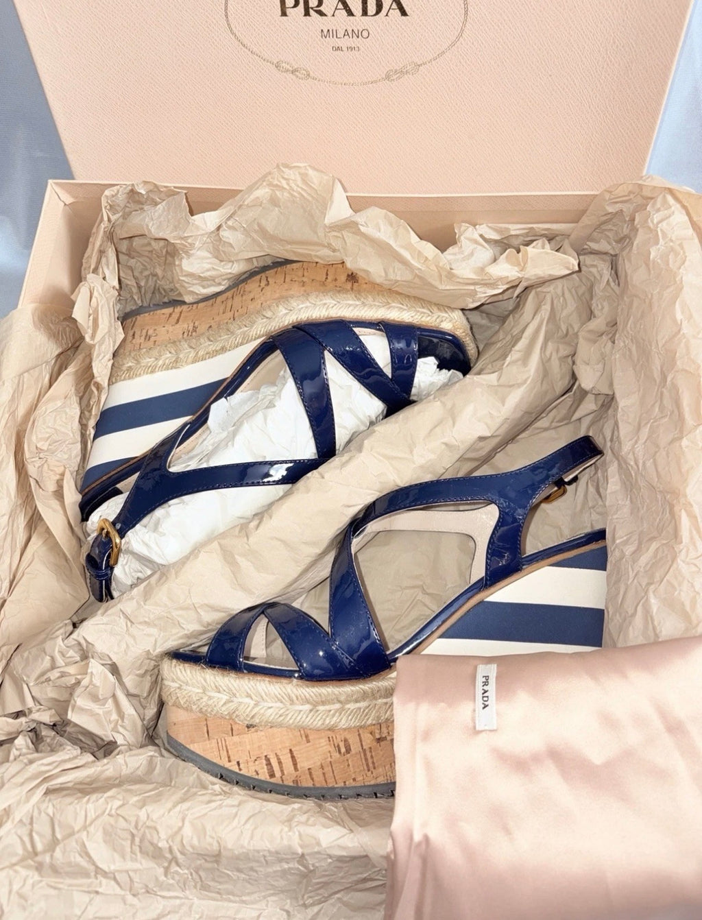 Prada Navy Strips Patent Leather Platform Wedge Sandals 5uk.