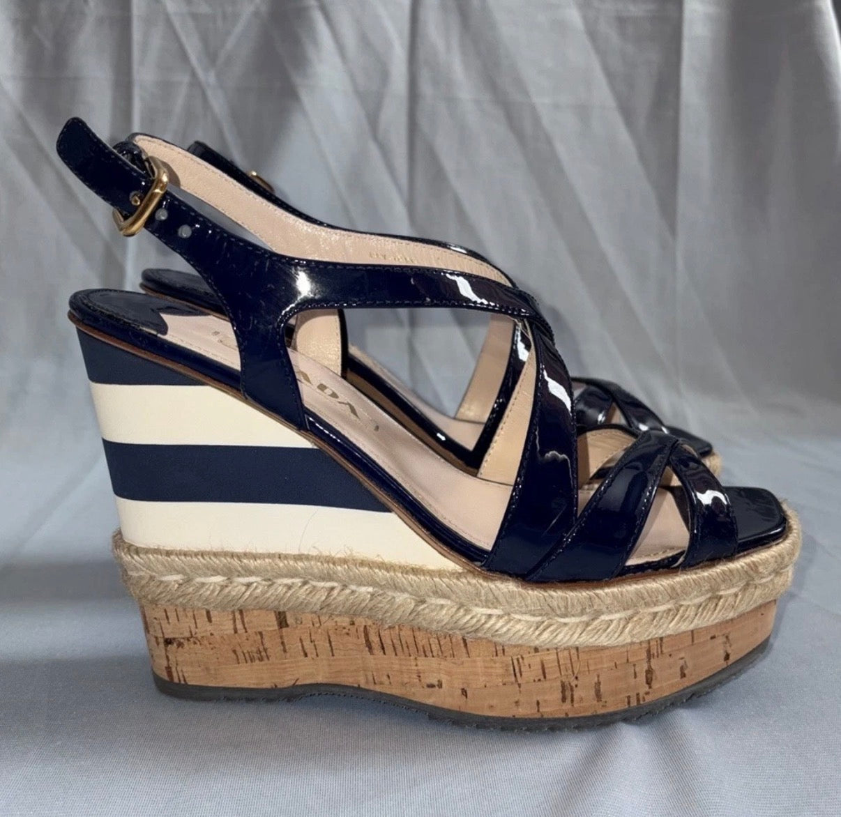 Prada Navy Strips Patent Leather Platform Wedge Sandals 5uk.