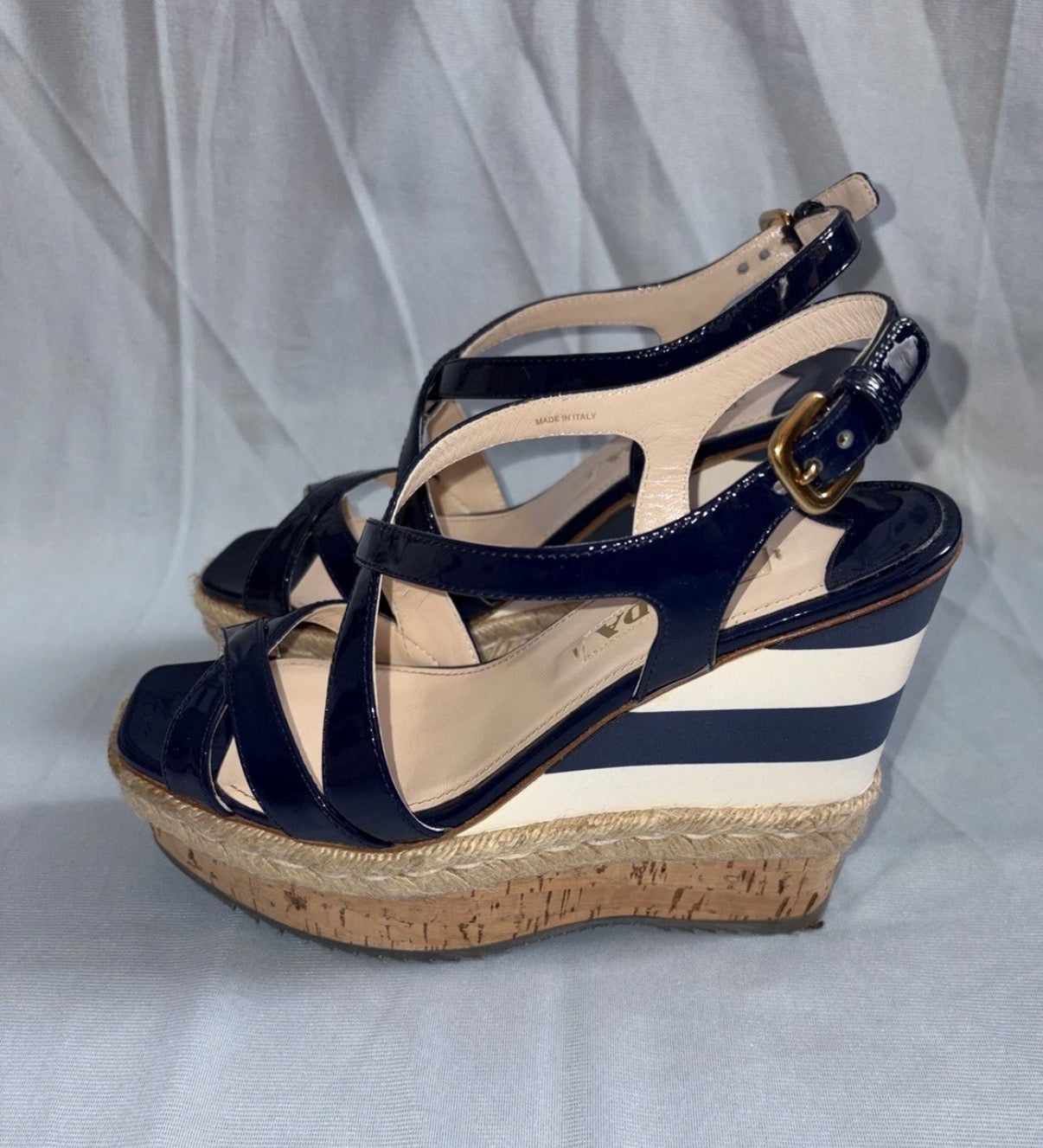 Prada Navy Strips Patent Leather Platform Wedge Sandals 5uk.