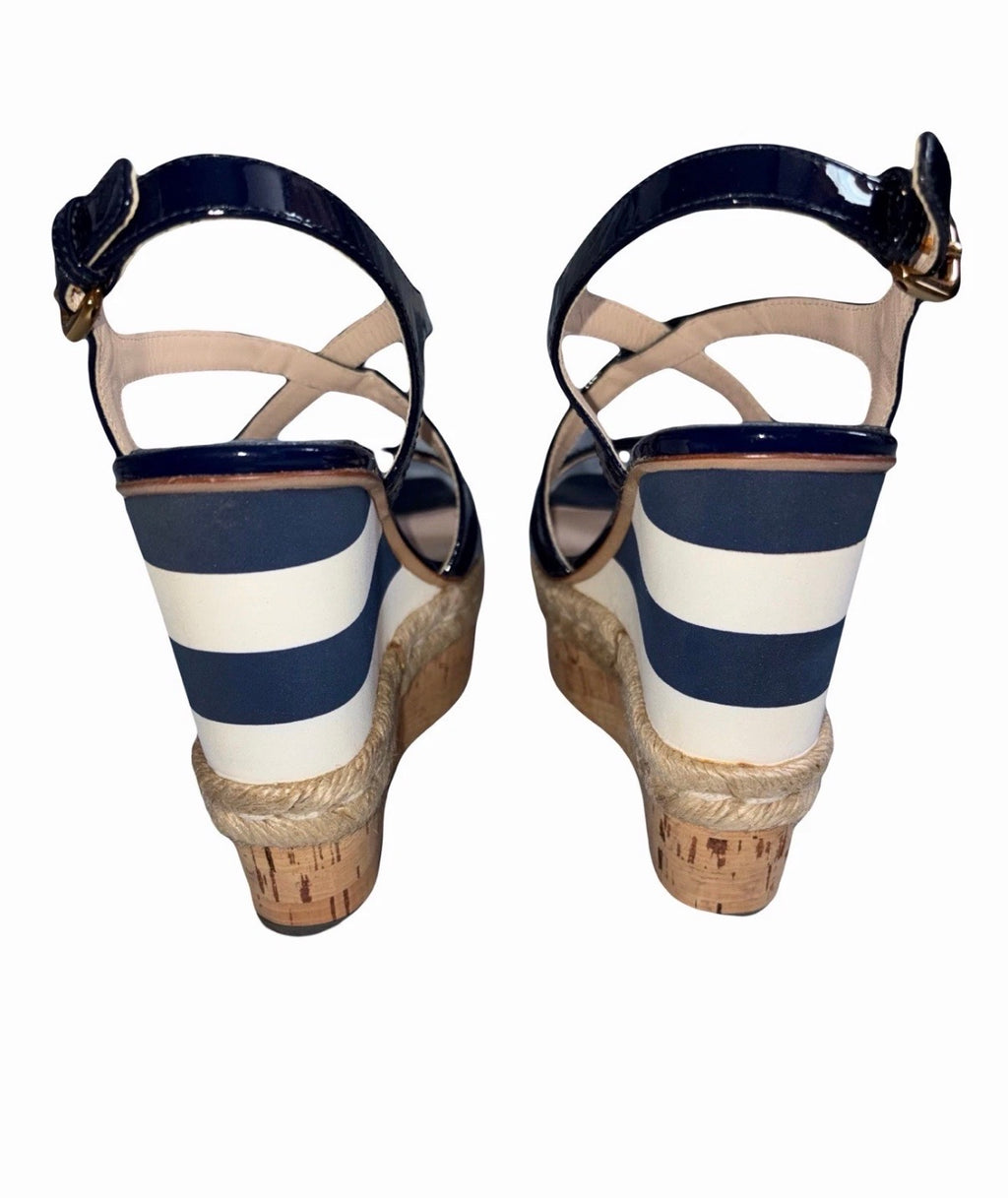 Prada Navy Strips Patent Leather Platform Wedge Sandals 5uk.