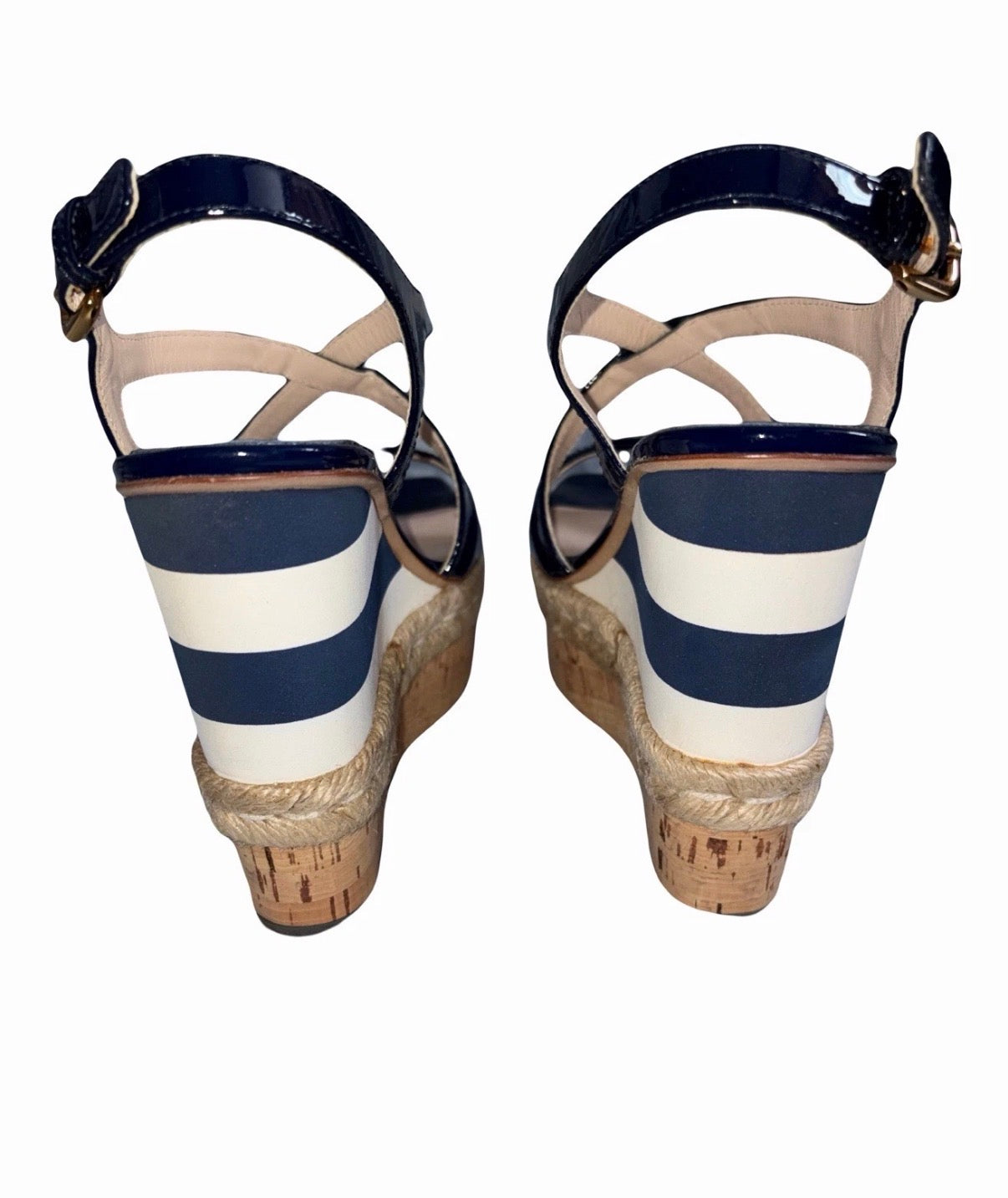 Prada Navy Strips Patent Leather Platform Wedge Sandals 5uk.