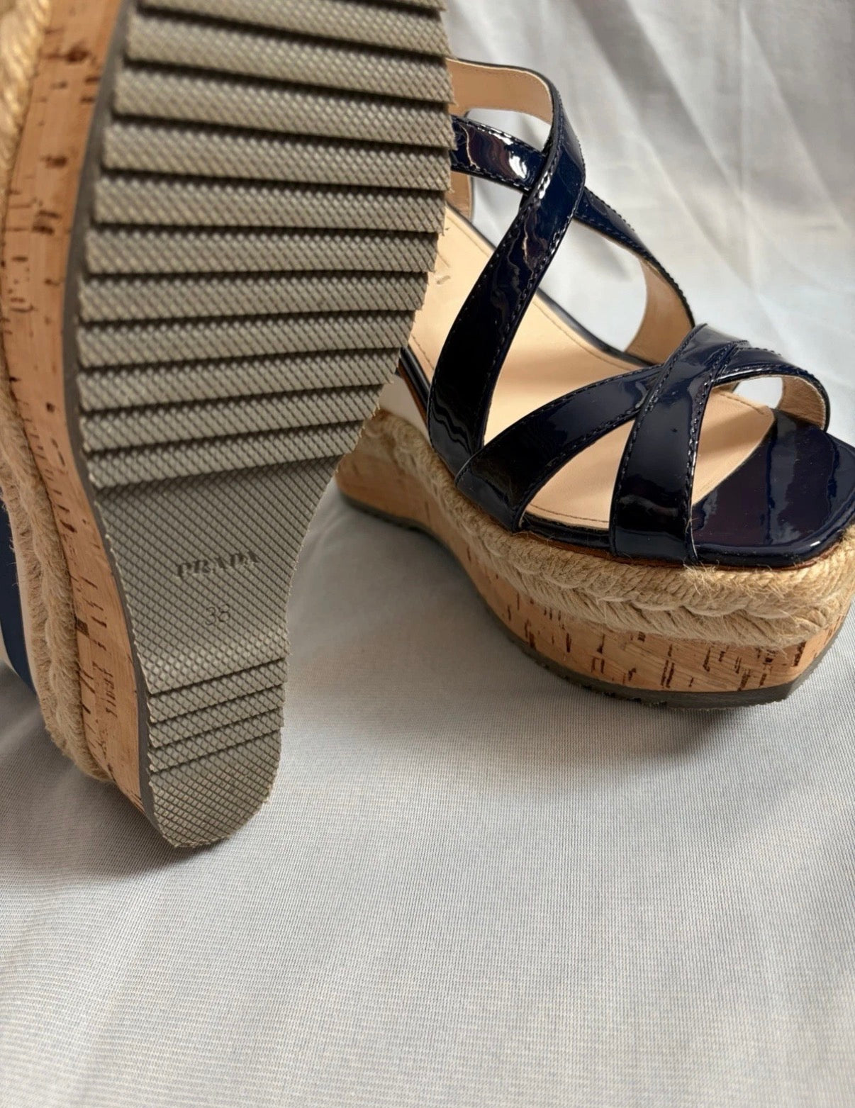 Prada Navy Strips Patent Leather Platform Wedge Sandals 5uk.