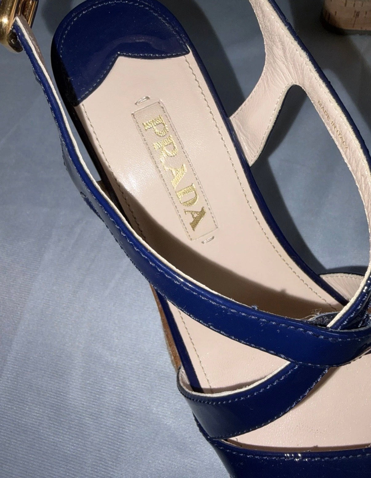 Prada Navy Strips Patent Leather Platform Wedge Sandals 5uk.