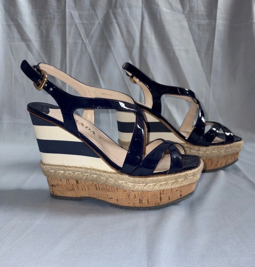 Prada Navy Strips Patent Leather Platform Wedge Sandals 5uk.